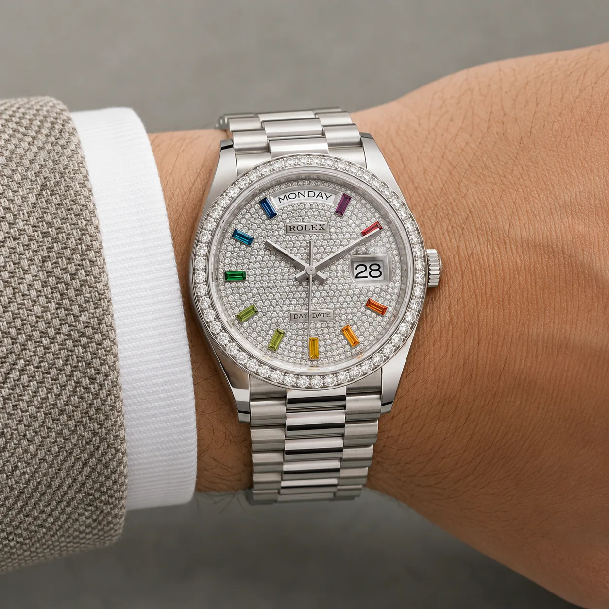 Rolex Day-Date m128349rbr-0006 40mm Silver Dial Diamond-Set Bezel 18K White Gold AI 头图 4 - 佩戴图 [ai-shot:wrist-shot]