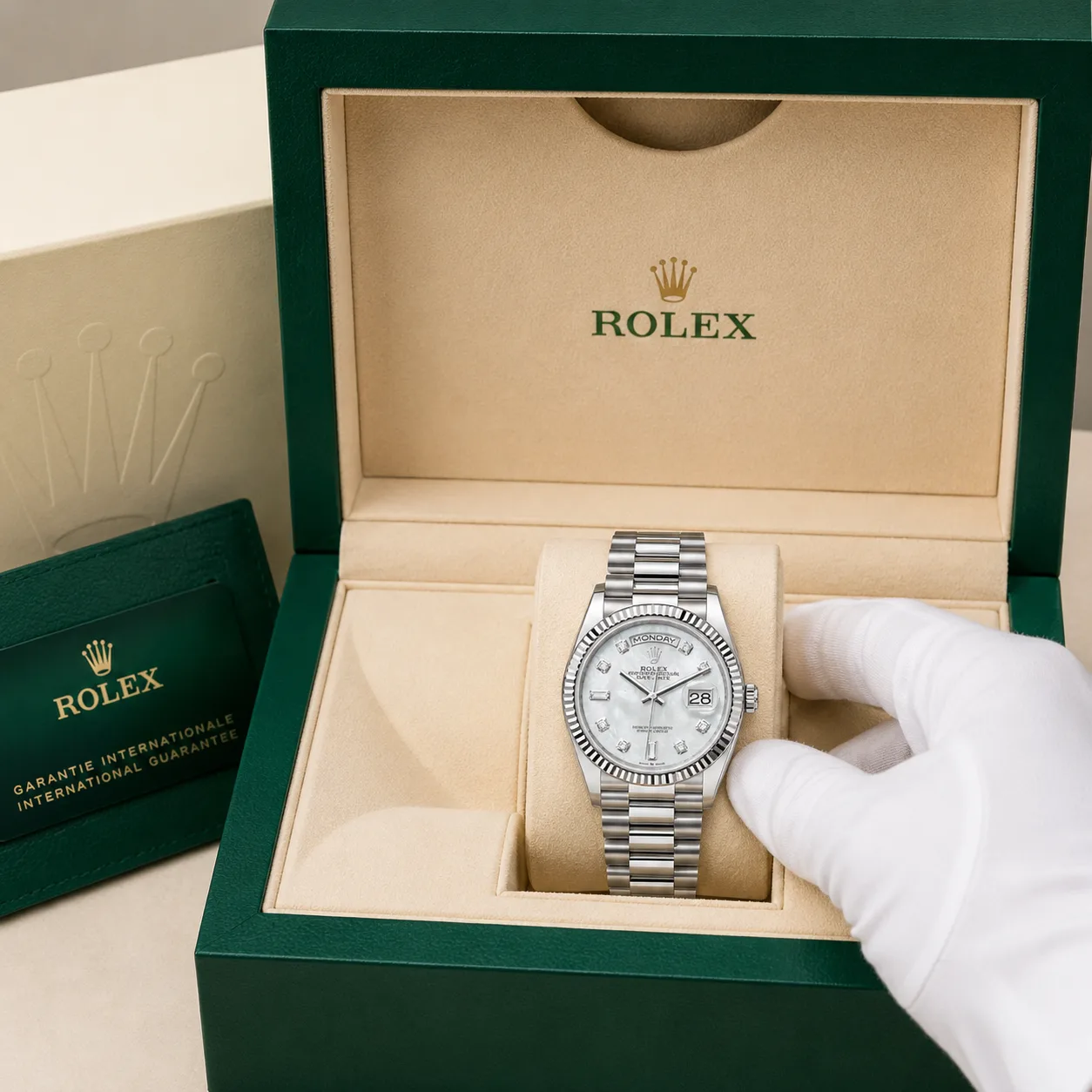 Rolex Day-Date m128239-0007 36mm White Dial Fluted Bezel 18K White Gold AI 头图 5 - 包装盒 [ai-shot:box-shot]