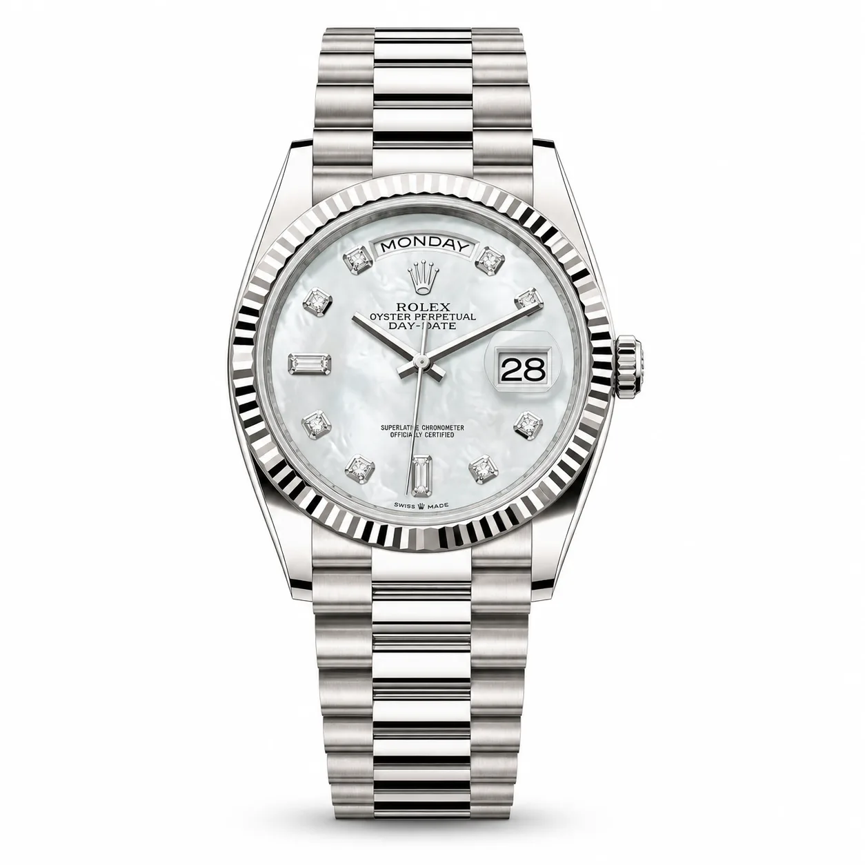 Rolex Day-Date m128239-0007 36mm White Dial Fluted Bezel 18K White Gold AI 头图 1 - 白底全貌 [ai-shot:full-white]