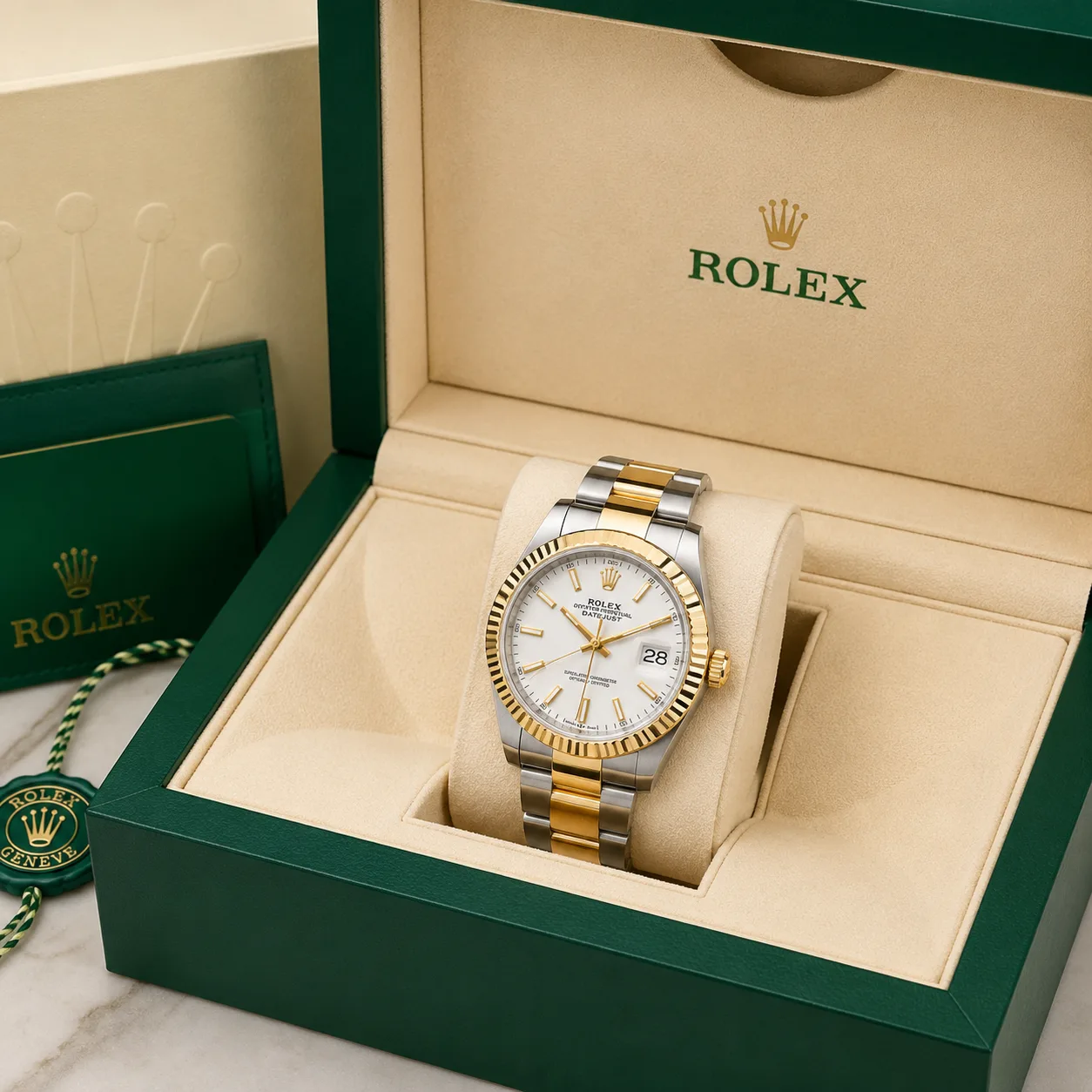 Rolex Datejust m126303-0021 41mm White Dial Fluted Bezel 904L Stainless Steel and 18K Yellow Gold AI 头图 5 - 包装盒 [ai-shot:box-shot]