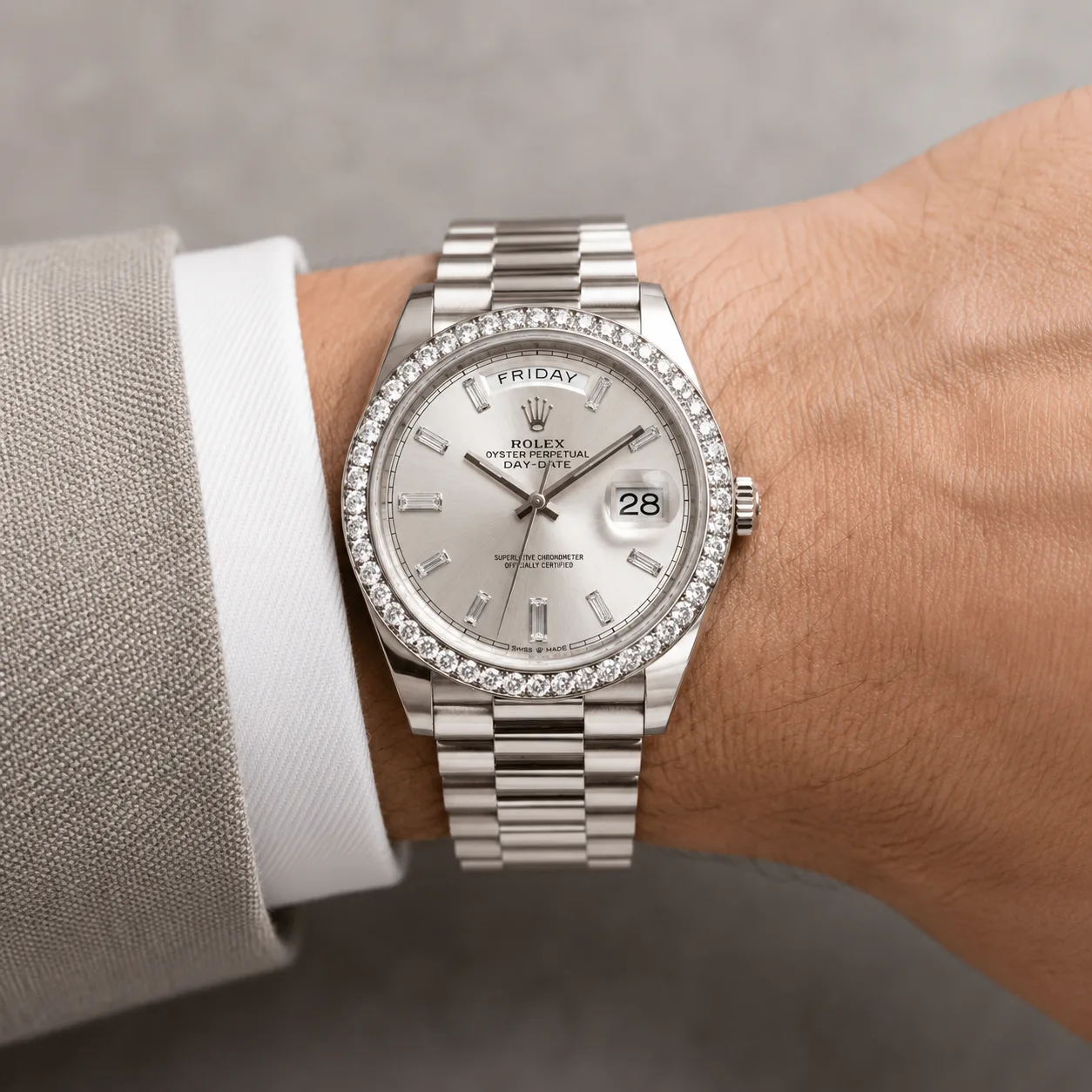 Rolex Day-Date m228349rbr-0001 40mm White Dial Diamond-Set Bezel 18K White Gold AI 头图 4 - 佩戴图 [ai-shot:wrist-shot]