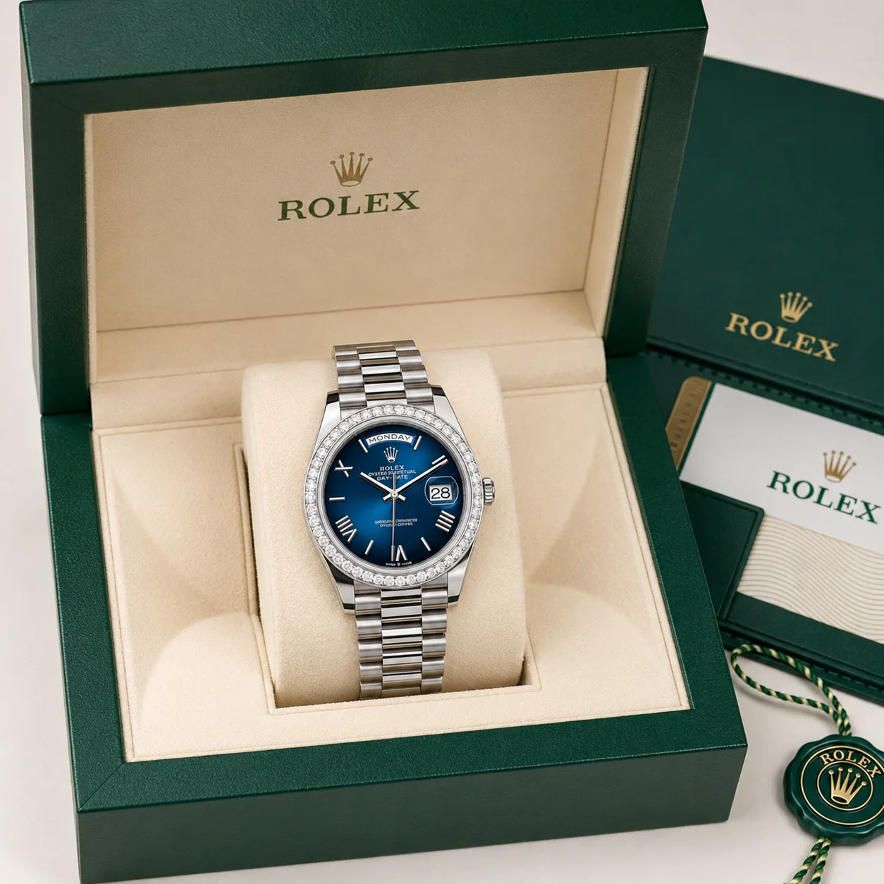 Rolex Day-Date m228349rbr-0045 40mm Blue Dial Diamond-Set Bezel 18K White Gold AI 头图 5 - 包装盒 [ai-shot:box-shot]