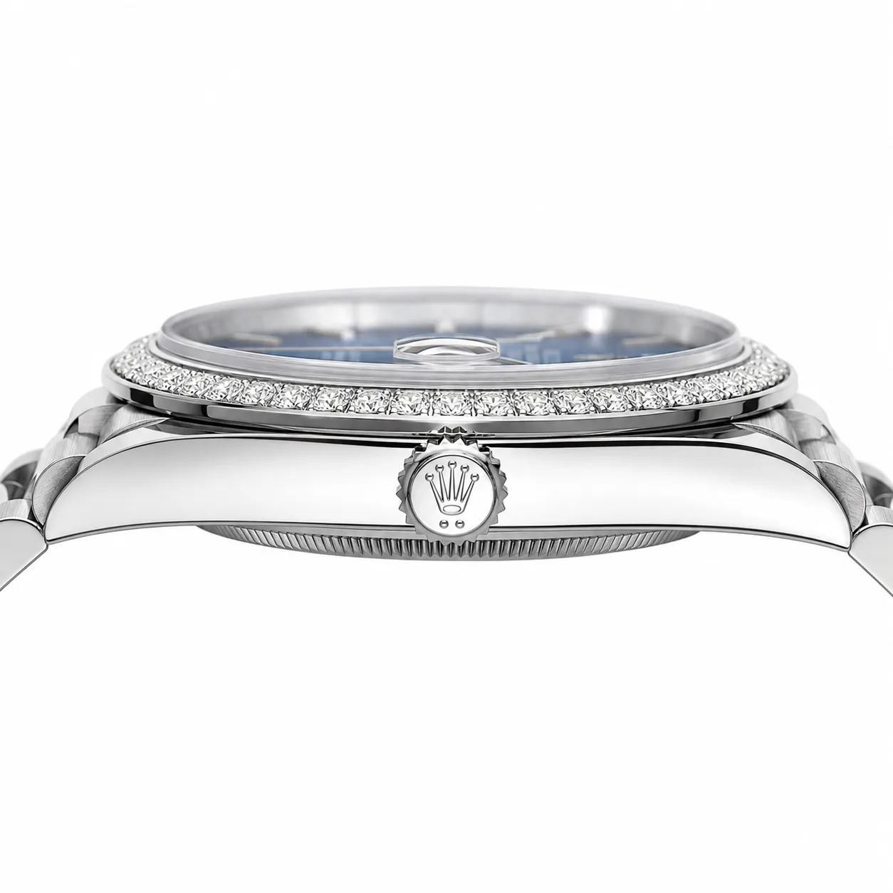 Rolex Day-Date m228349rbr-0045 40mm Blue Dial Diamond-Set Bezel 18K White Gold AI 头图 2 - 侧面细节 [ai-shot:side-detail]