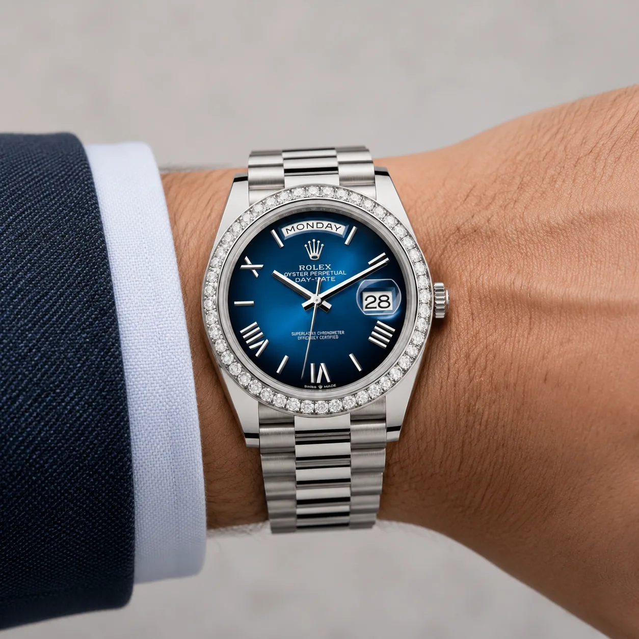 Rolex Day-Date m228349rbr-0045 40mm Blue Dial Diamond-Set Bezel 18K White Gold AI 头图 4 - 佩戴图 [ai-shot:wrist-shot]