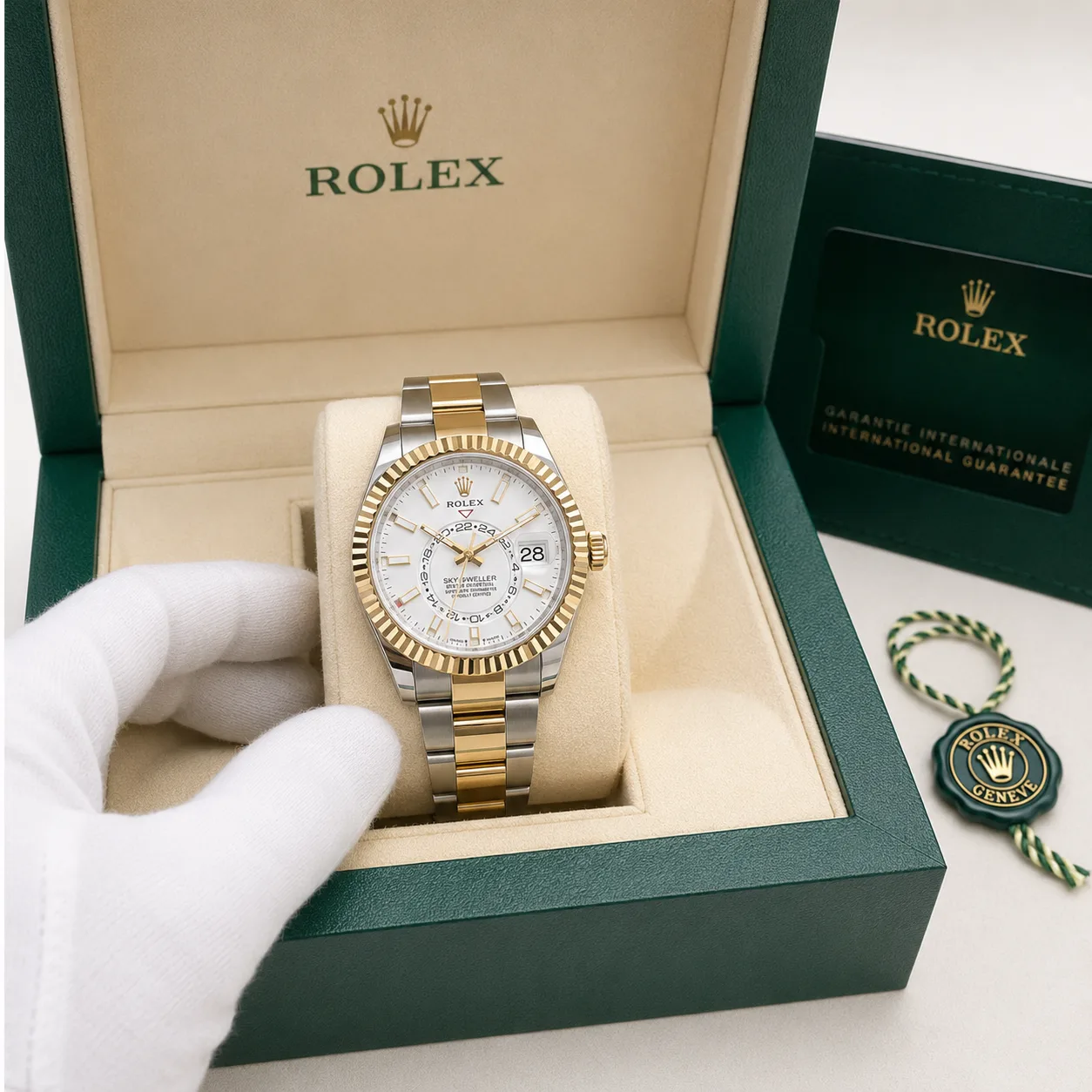 Rolex Sky-Dweller m336933-0001 42mm White Dial Fluted Bezel 904L Stainless Steel and 18K Yellow Gold AI 头图 5 - 包装盒 [ai-shot:box-shot]