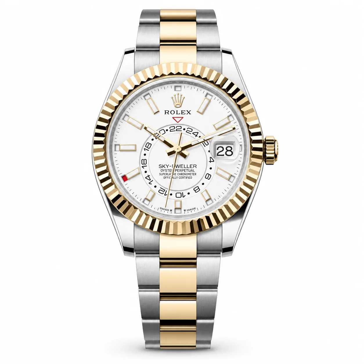 Rolex Sky-Dweller m336933-0001 42mm White Dial Fluted Bezel 904L Stainless Steel and 18K Yellow Gold AI 头图 1 - 白底全貌 [ai-shot:full-white]