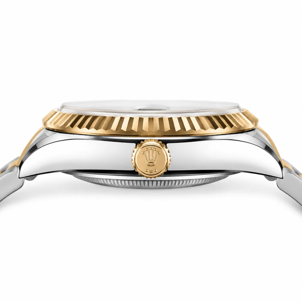 Rolex Sky-Dweller m336933-0001 42mm White Dial Fluted Bezel 904L Stainless Steel and 18K Yellow Gold AI 头图 2 - 侧面细节 [ai-shot:side-detail]