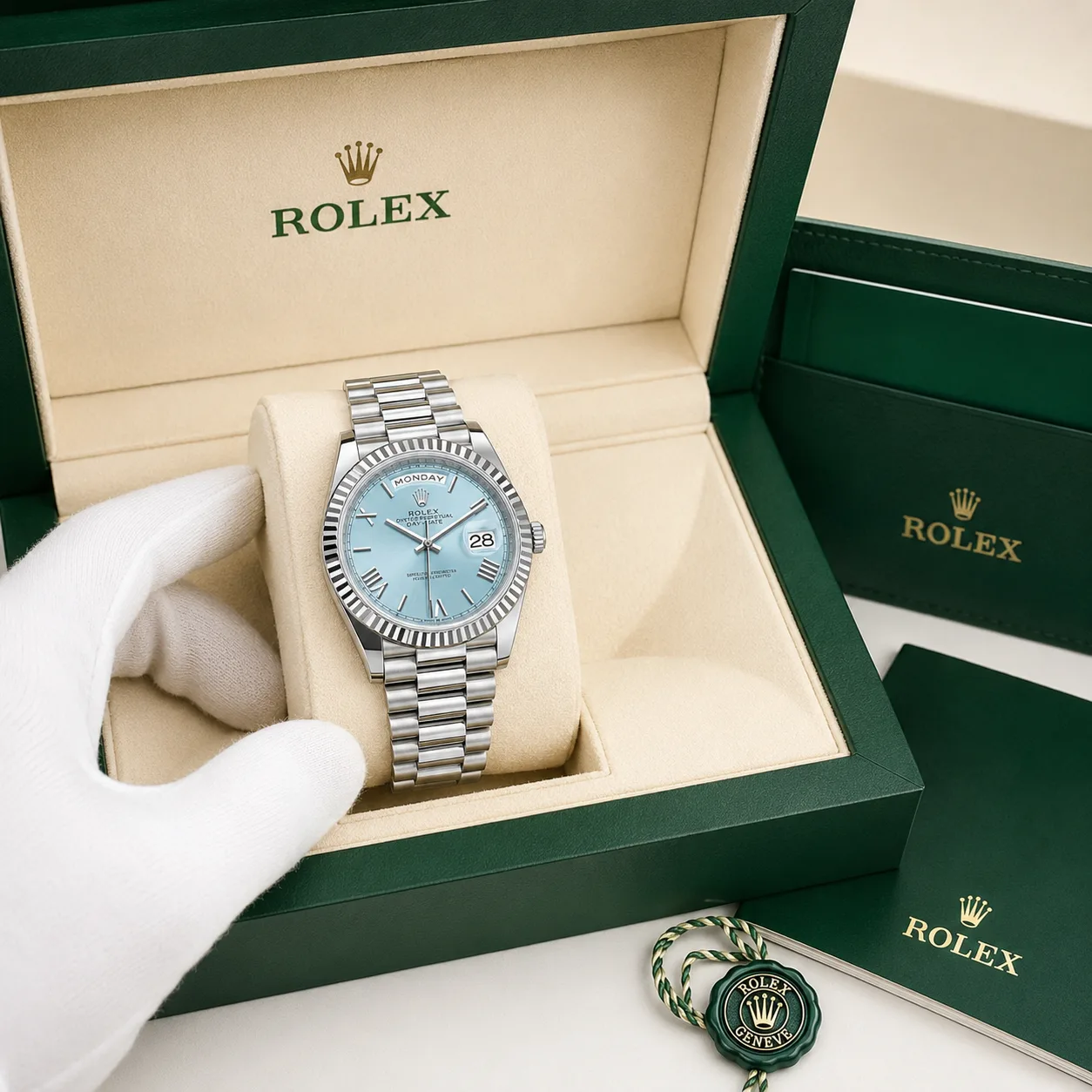 Rolex Day-Date m228206-0044 40mm Blue Dial Fluted Bezel 950 Platinum AI 头图 5 - 包装盒 [ai-shot:box-shot]