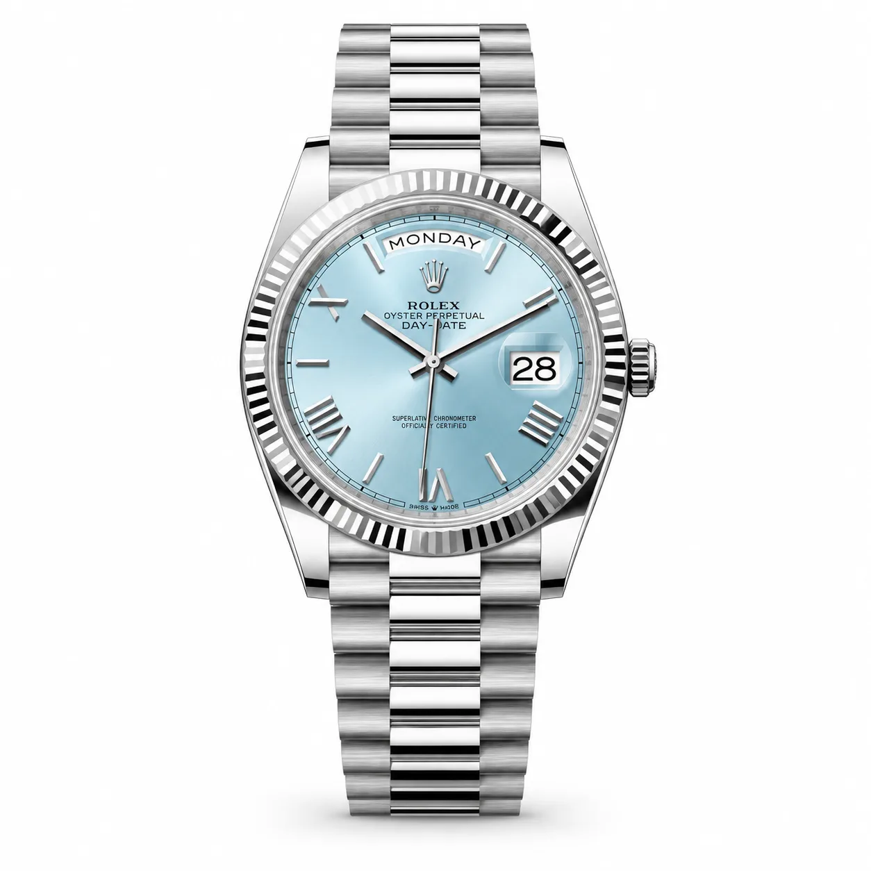 Rolex Day-Date m228206-0044 40mm Blue Dial Fluted Bezel 950 Platinum AI 头图 1 - 白底全貌 [ai-shot:full-white]