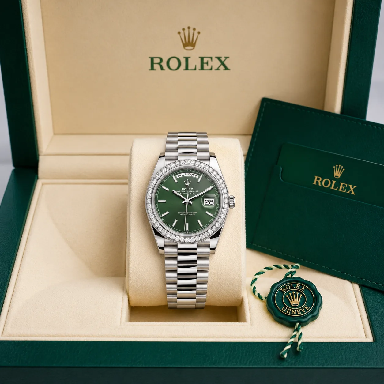 Rolex Day-Date m228349rbr-0041 40mm Green Dial Diamond-Set Bezel 18K White Gold AI 头图 5 - 包装盒 [ai-shot:box-shot]