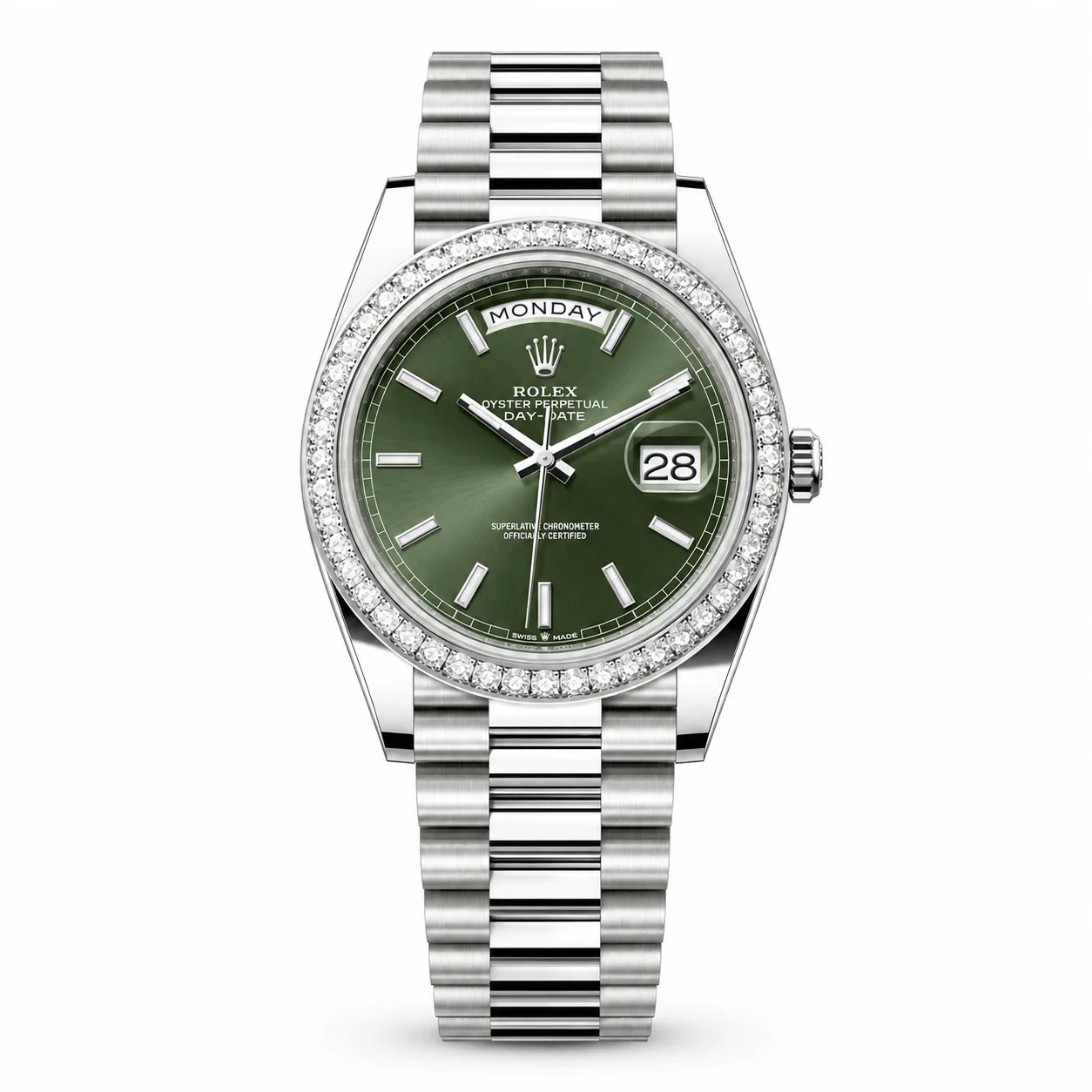 Rolex Day-Date m228349rbr-0041 40mm Green Dial Diamond-Set Bezel 18K White Gold AI 头图 1 - 白底全貌 [ai-shot:full-white]