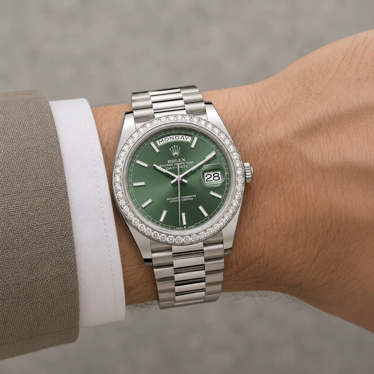 Rolex Day-Date m228349rbr-0041 40mm Green Dial Diamond-Set Bezel 18K White Gold AI 头图 4 - 佩戴图 [ai-shot:wrist-shot]