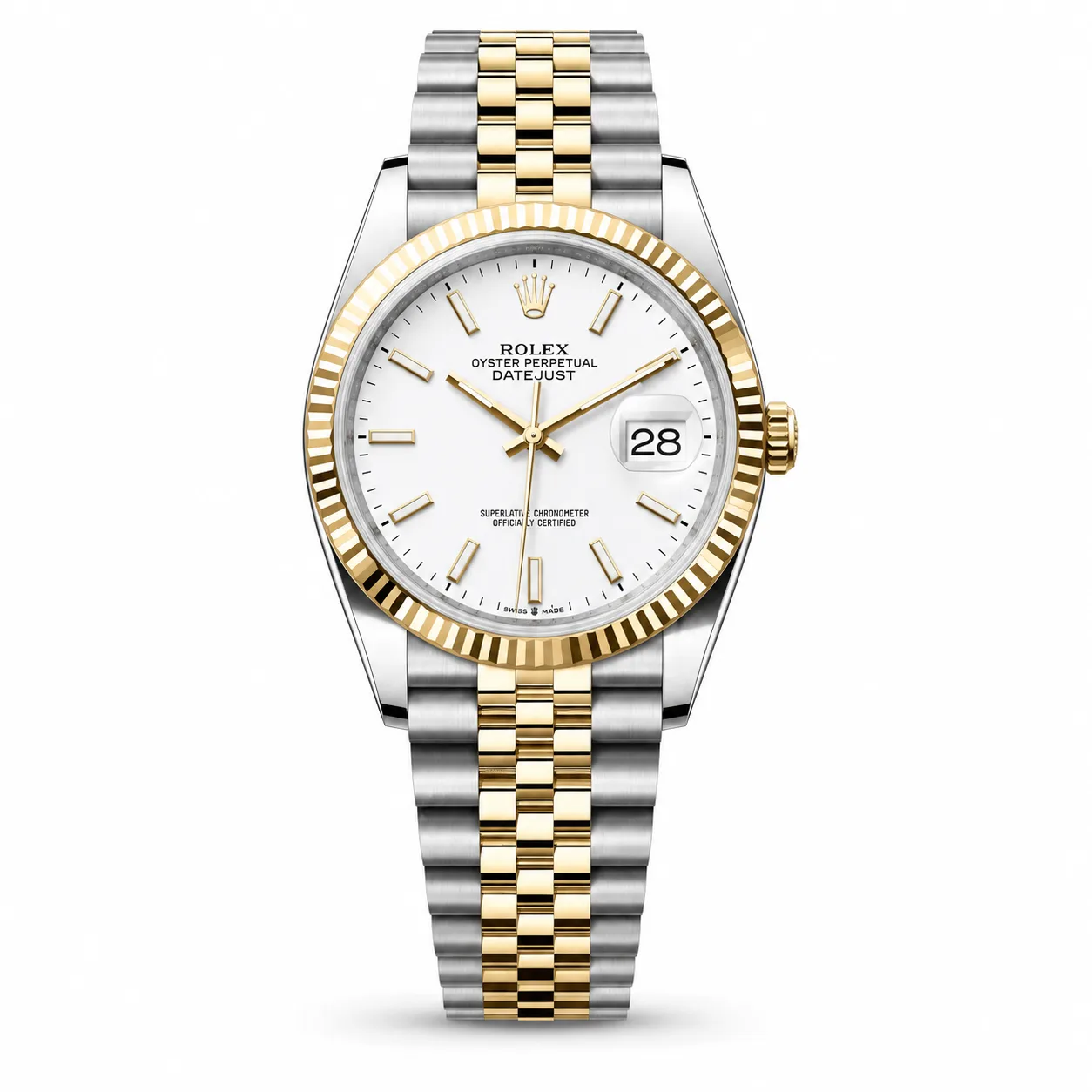 Rolex Datejust m126203-0015 36mm White Dial Fluted Bezel 904L Stainless Steel and 18K Yellow Gold AI 头图 1 - 白底全貌 [ai-shot:full-white]
