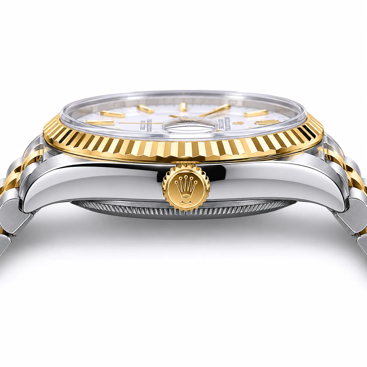 Rolex Datejust m126203-0015 36mm White Dial Fluted Bezel 904L Stainless Steel and 18K Yellow Gold AI 头图 2 - 侧面细节 [ai-shot:side-detail]