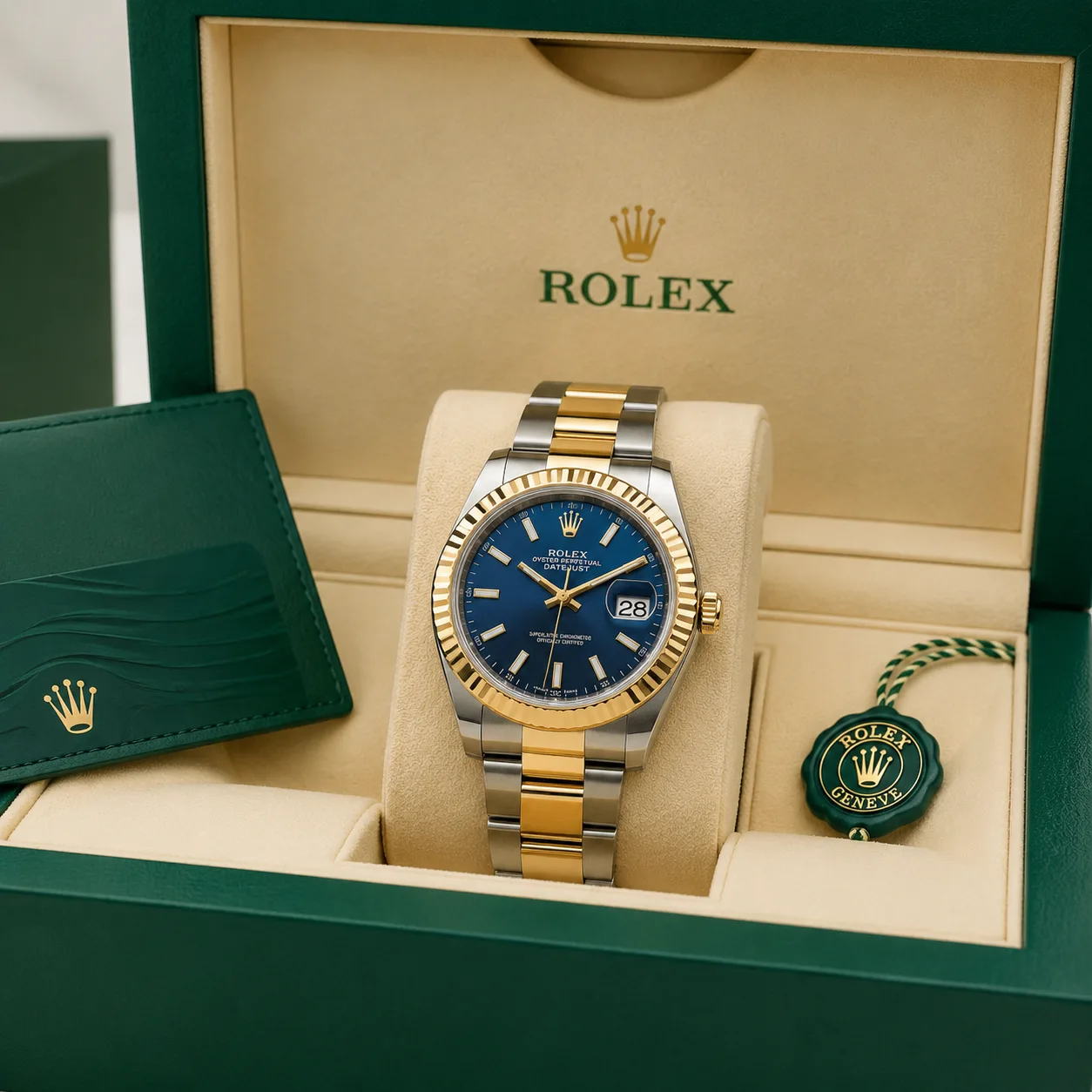 Rolex Datejust m126303-0019 41mm Blue Dial Fluted Bezel 904L Stainless Steel and 18K Yellow Gold AI 头图 5 - 包装盒 [ai-shot:box-shot]
