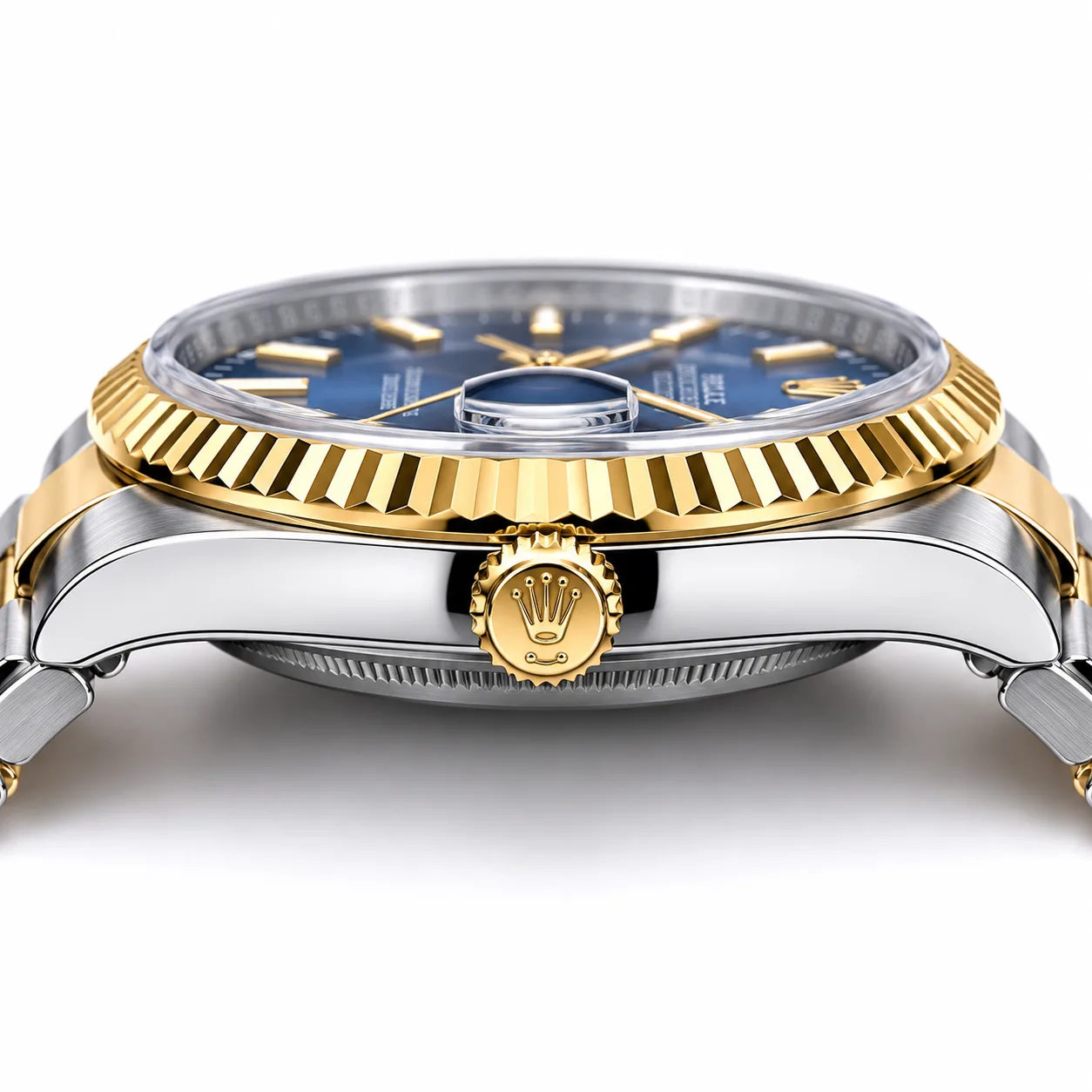 Rolex Datejust m126303-0019 41mm Blue Dial Fluted Bezel 904L Stainless Steel and 18K Yellow Gold AI 头图 2 - 侧面细节 [ai-shot:side-detail]