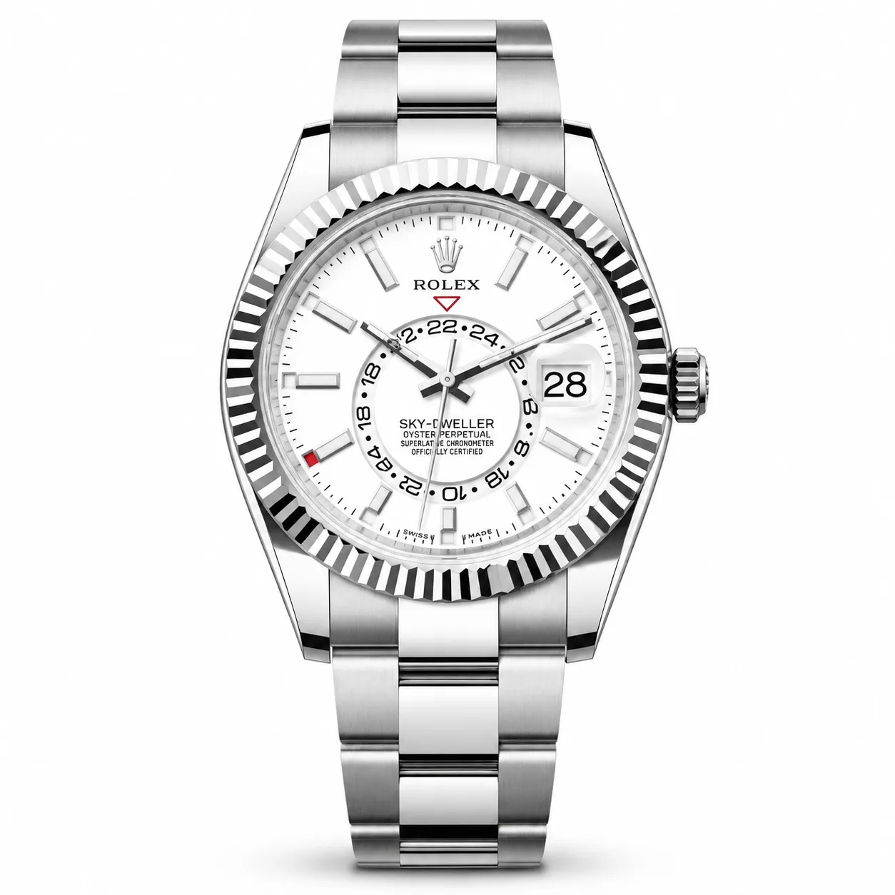 Rolex Sky-Dweller m336934-0003 42mm White Dial Fluted Bezel 904L Stainless Steel and 18K White Gold AI 头图 1 - 白底全貌 [ai-shot:full-white]