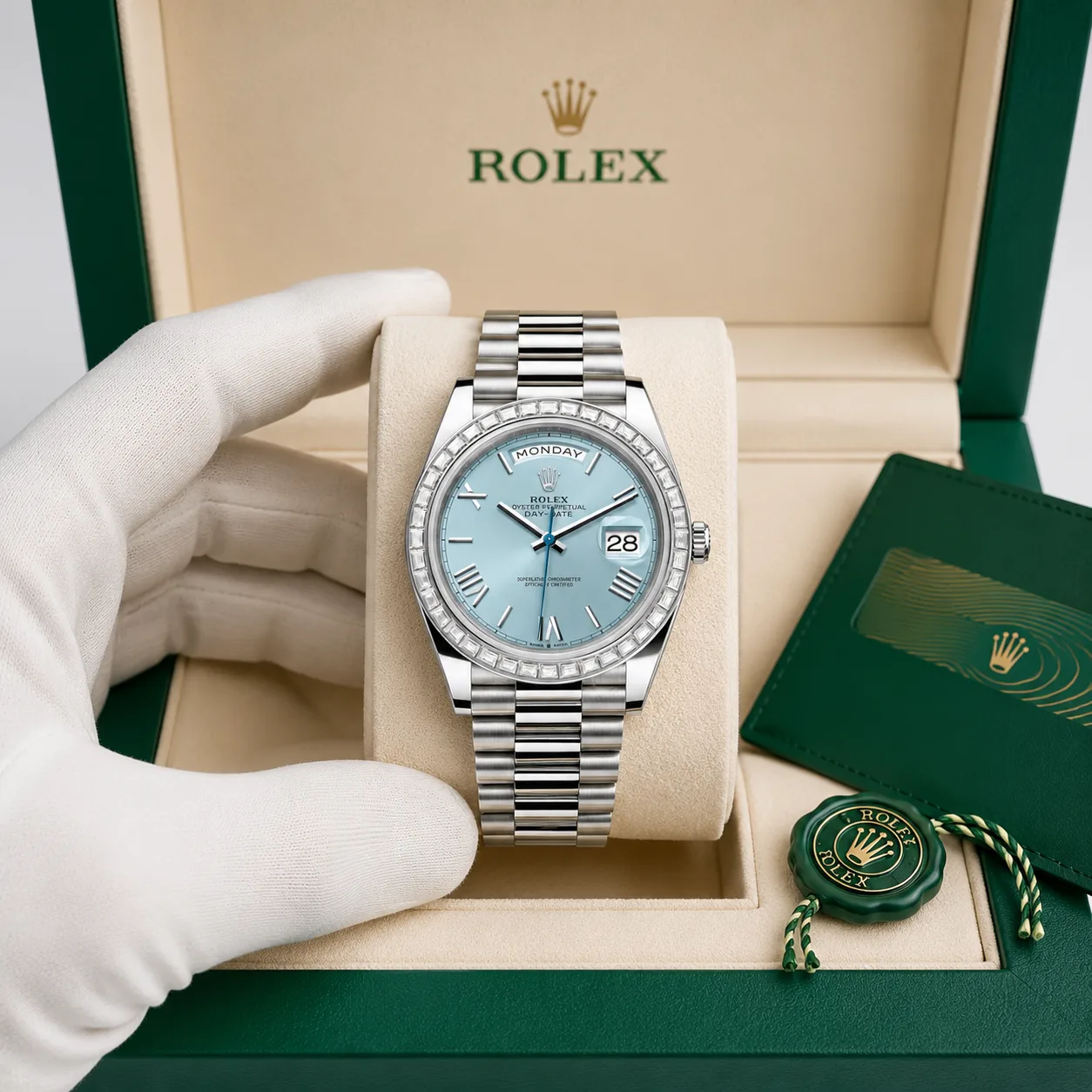 Rolex Day-Date m228396tbr-0030 40mm Blue Dial Diamond-Set Bezel 950 Platinum AI 头图 5 - 包装盒 [ai-shot:box-shot]