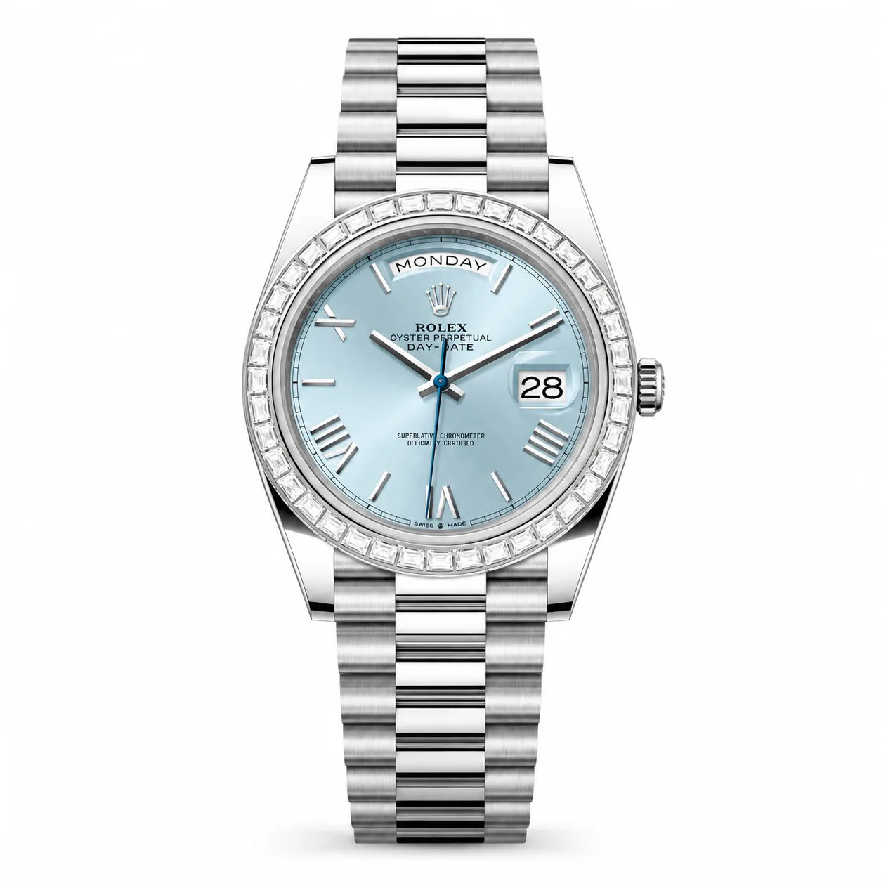 Rolex Day-Date m228396tbr-0030 40mm Blue Dial Diamond-Set Bezel 950 Platinum AI 头图 1 - 白底全貌 [ai-shot:full-white]
