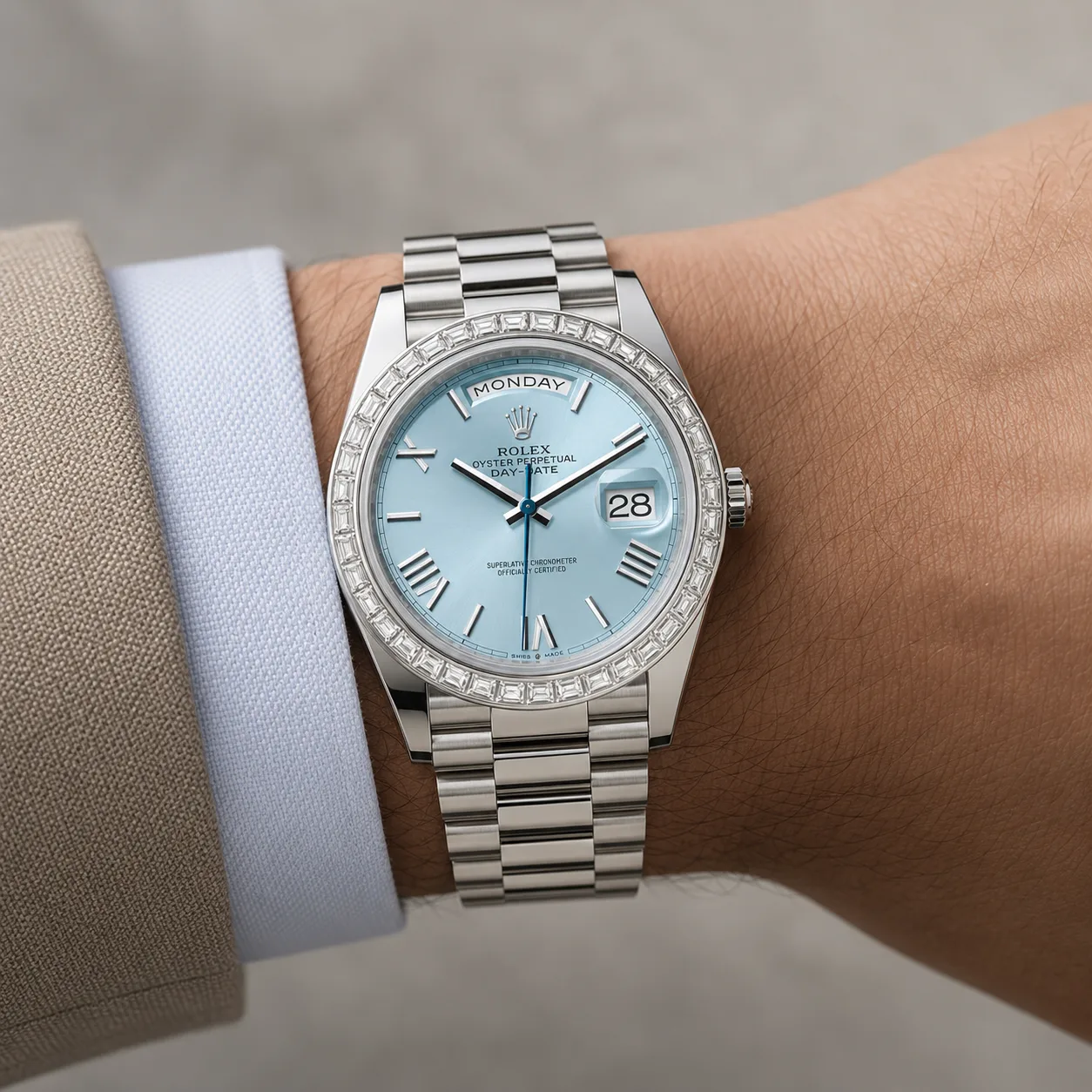 Rolex Day-Date m228396tbr-0030 40mm Blue Dial Diamond-Set Bezel 950 Platinum AI 头图 4 - 佩戴图 [ai-shot:wrist-shot]