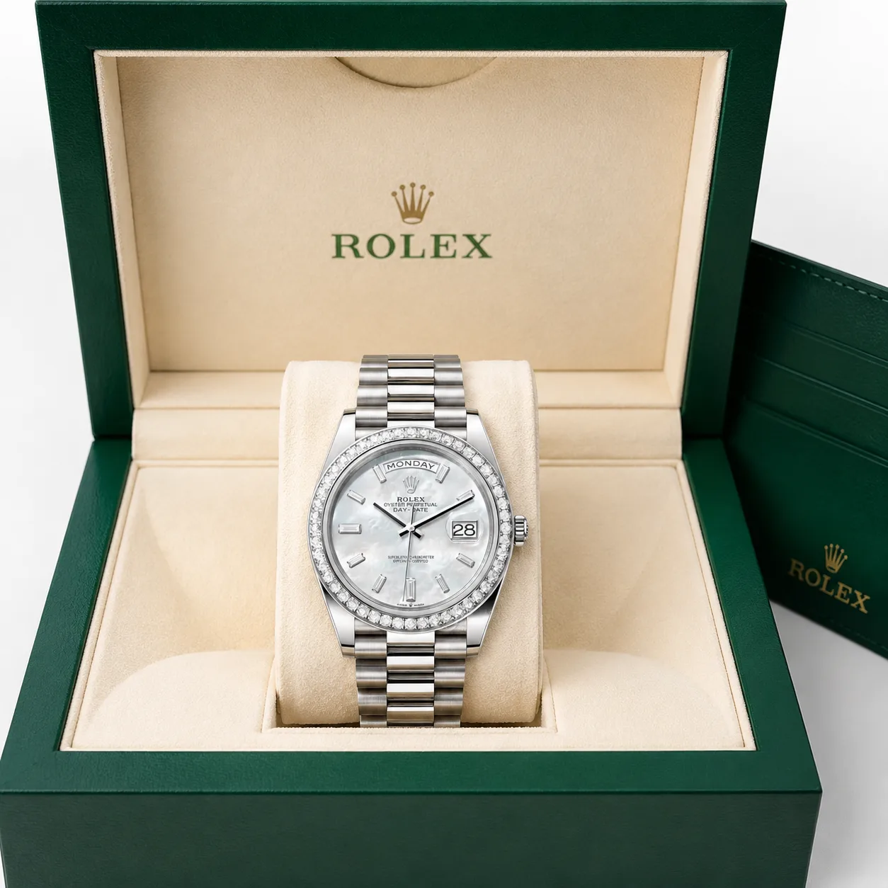 Rolex Day-Date m228349rbr-0046 40mm Cal.3255 18K White Gold AI 头图 5 - 包装盒 [ai-shot:box-shot]