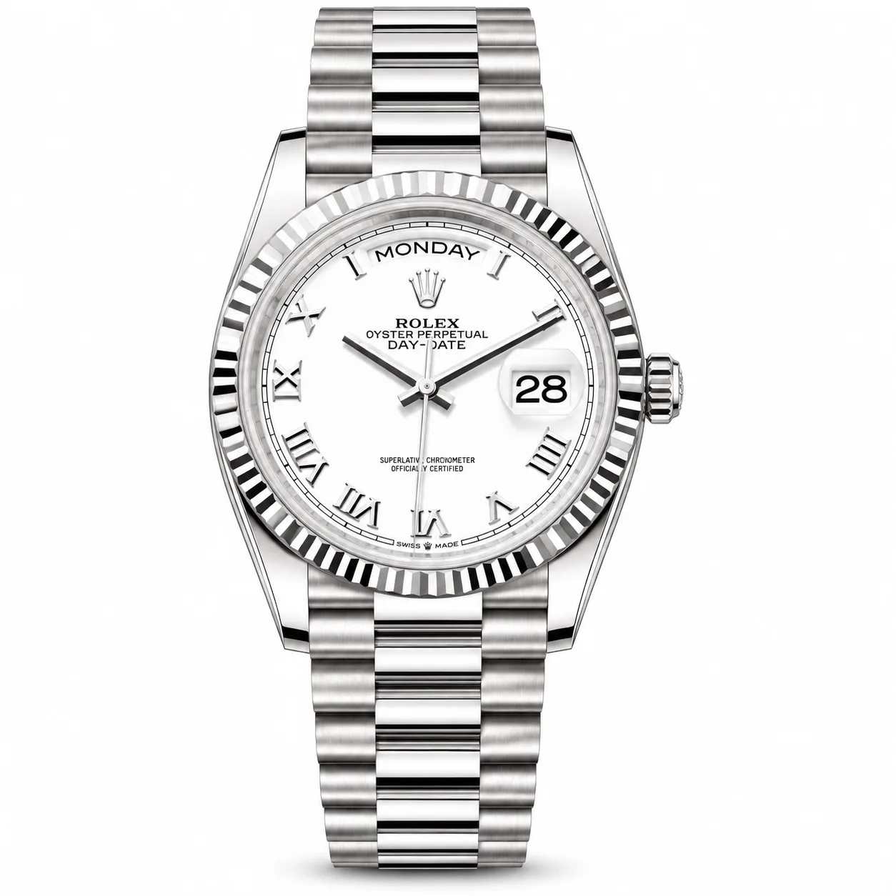 Rolex Day-Date m128239-0038 36mm White Dial Fluted Bezel 18K White Gold AI 头图 1 - 白底全貌 [ai-shot:full-white]