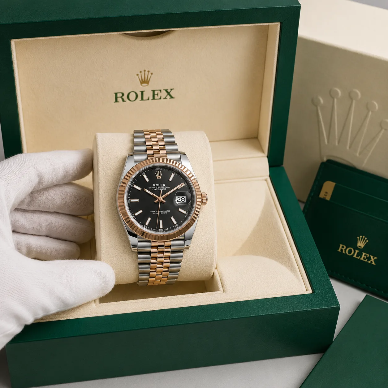 Rolex Datejust m126301-0016 41mm Black Dial Fluted Bezel 904L Stainless Steel and 18K Everose Gold AI 头图 5 - 包装盒 [ai-shot:box-shot]