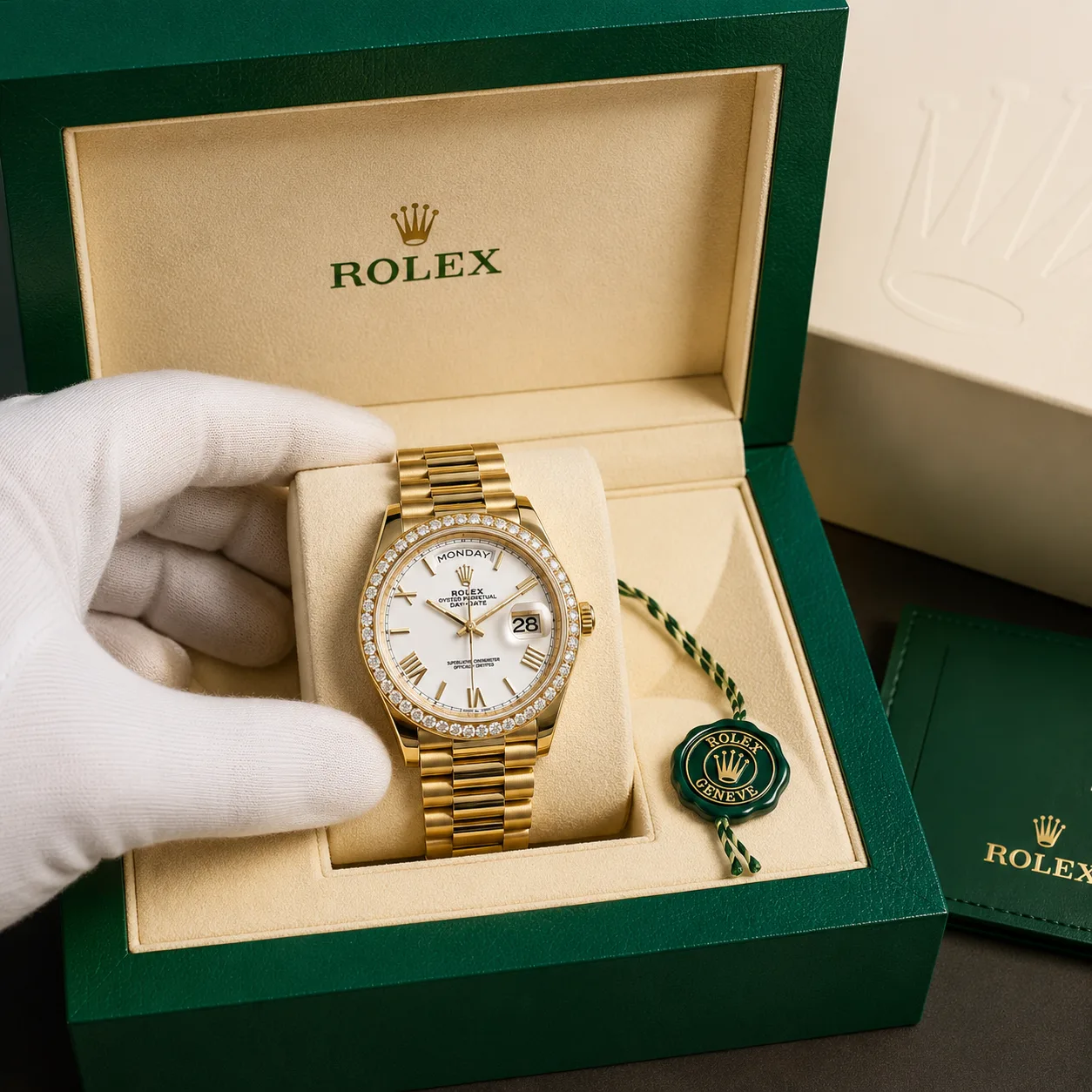 Rolex Day-Date m228348rbr-0003 40mm White Dial Diamond-Set Bezel 18K Yellow Gold AI 头图 5 - 包装盒 [ai-shot:box-shot]