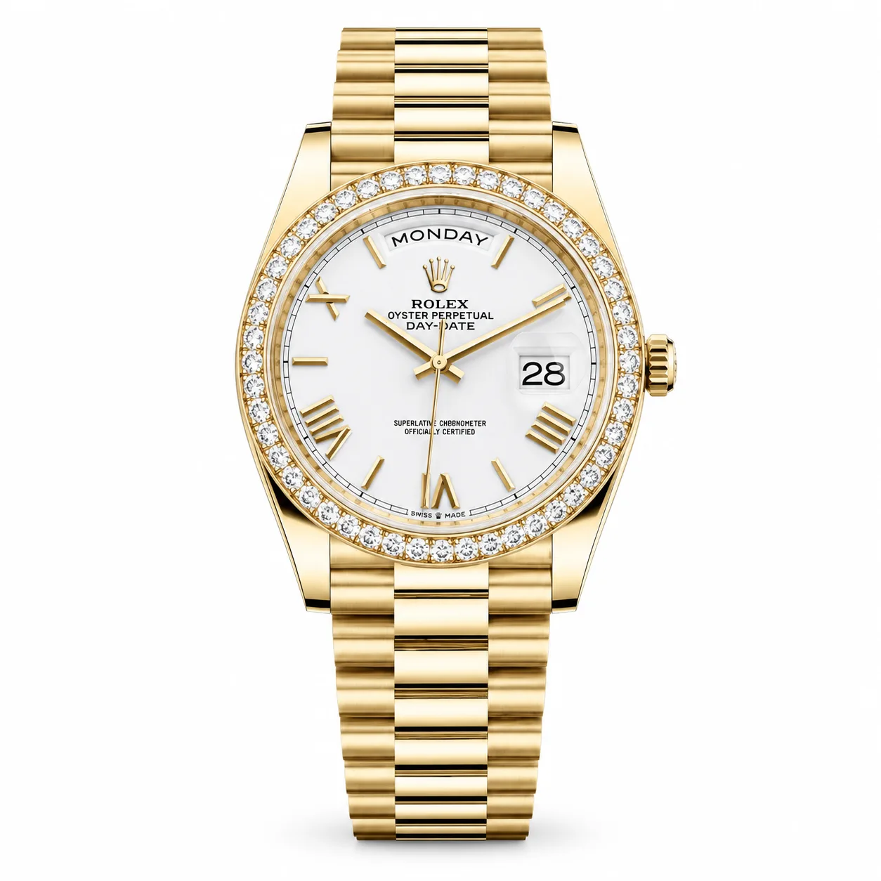 Rolex Day-Date m228348rbr-0003 40mm White Dial Diamond-Set Bezel 18K Yellow Gold AI 头图 1 - 白底全貌 [ai-shot:full-white]