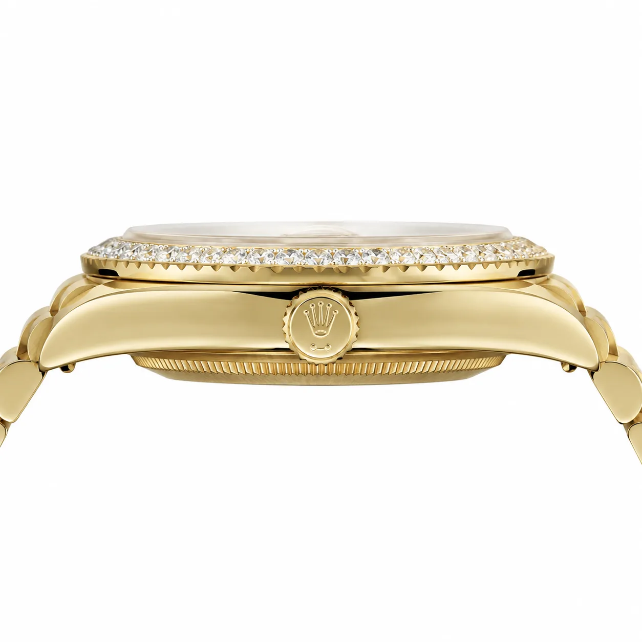 Rolex Day-Date m228348rbr-0003 40mm White Dial Diamond-Set Bezel 18K Yellow Gold AI 头图 2 - 侧面细节 [ai-shot:side-detail]