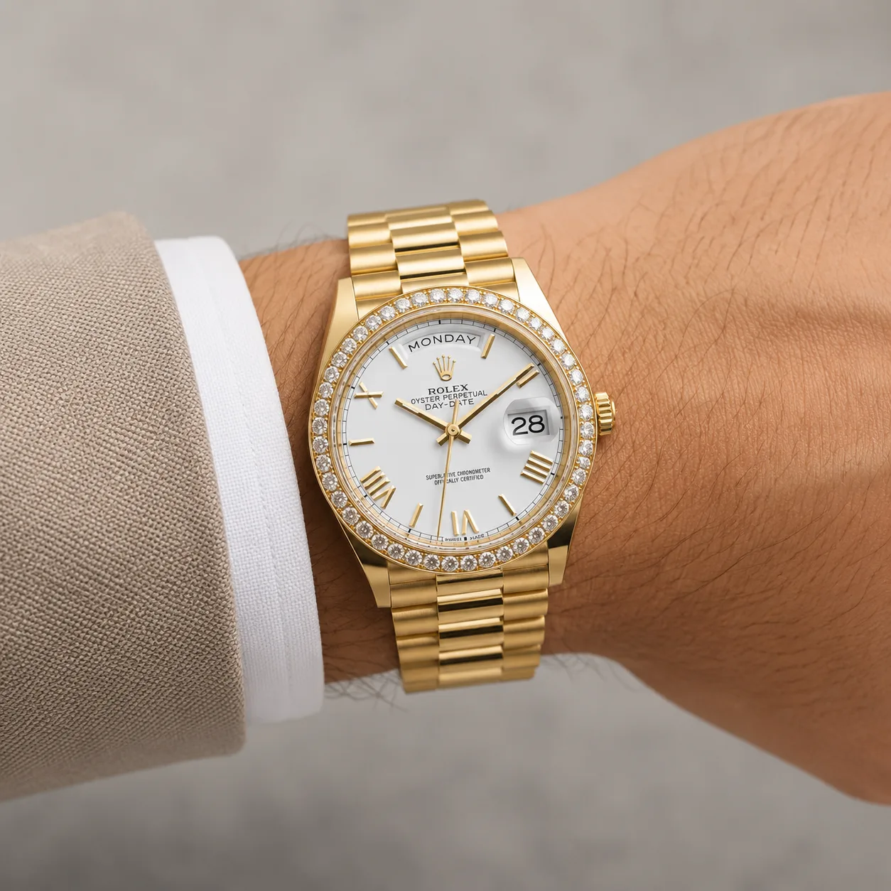 Rolex Day-Date m228348rbr-0003 40mm White Dial Diamond-Set Bezel 18K Yellow Gold AI 头图 4 - 佩戴图 [ai-shot:wrist-shot]