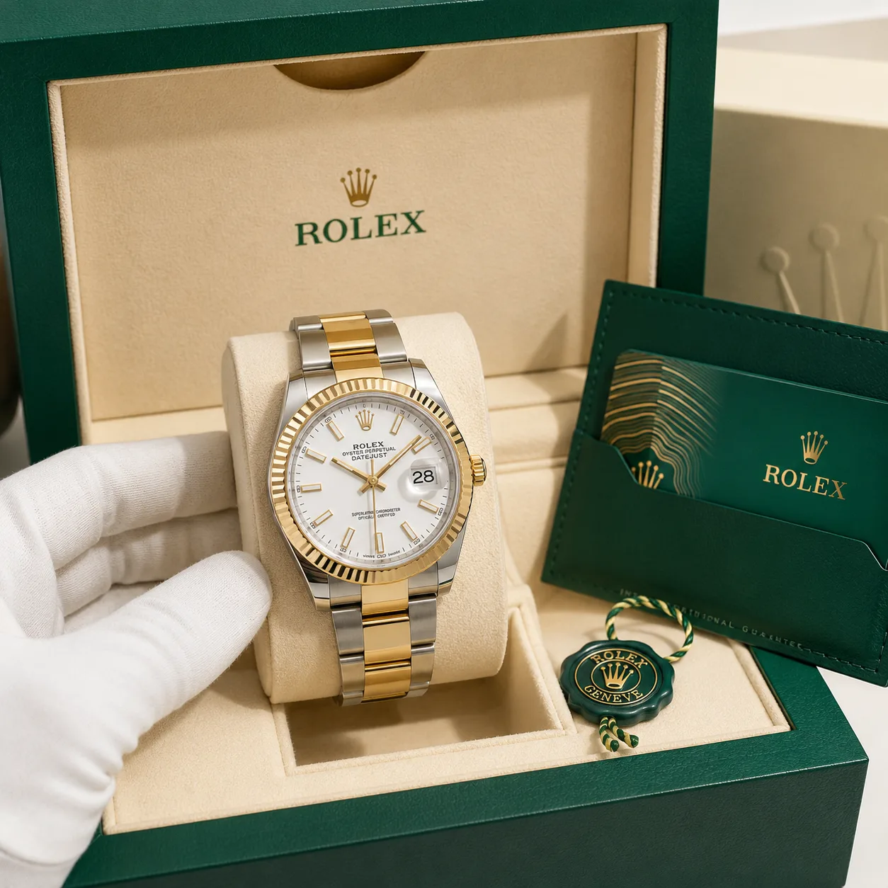Rolex Datejust m126303-0009 41mm White Dial Fluted Bezel 904L Stainless Steel and 18K Yellow Gold AI 头图 5 - 包装盒 [ai-shot:box-shot]