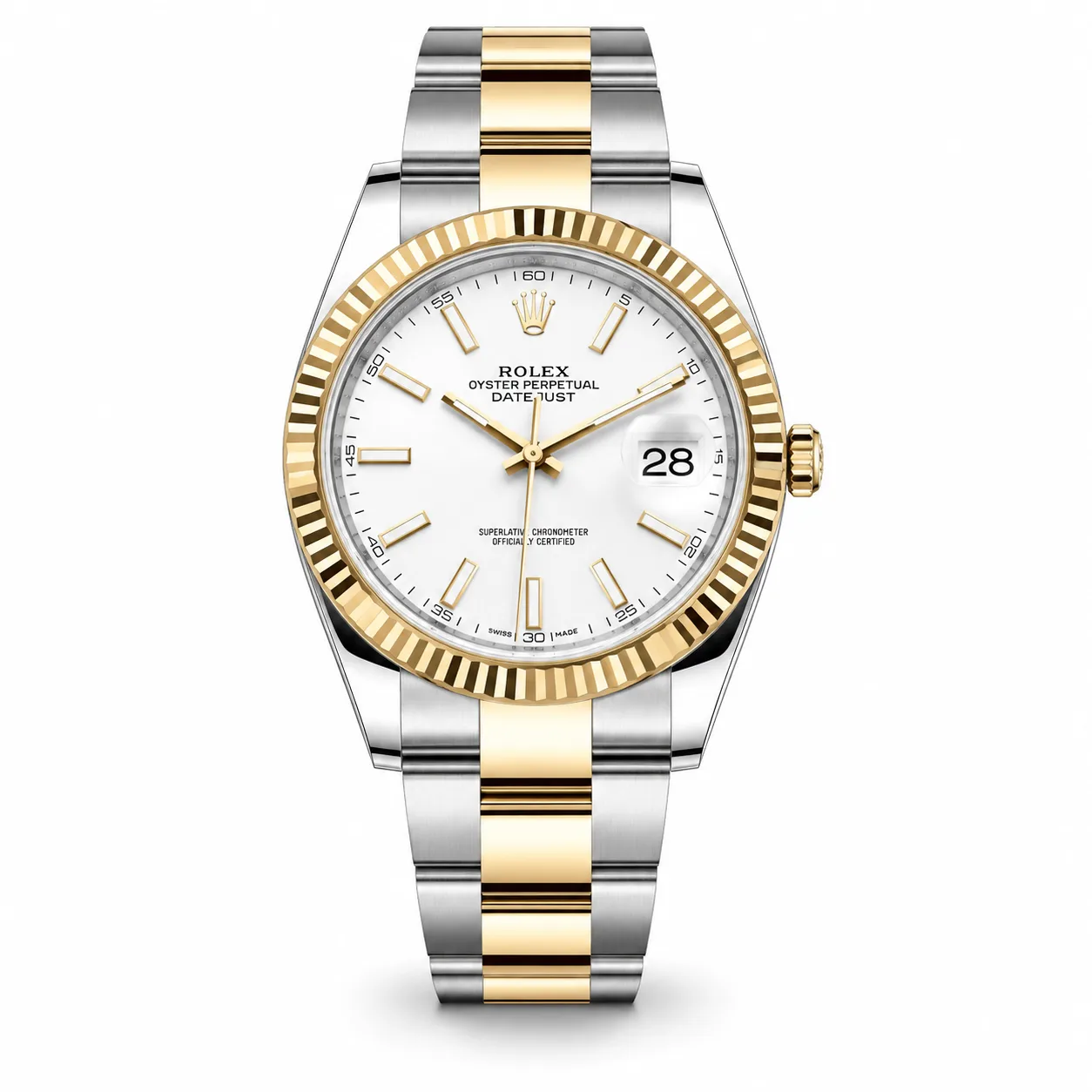 Rolex Datejust m126303-0009 41mm White Dial Fluted Bezel 904L Stainless Steel and 18K Yellow Gold AI 头图 1 - 白底全貌 [ai-shot:full-white]