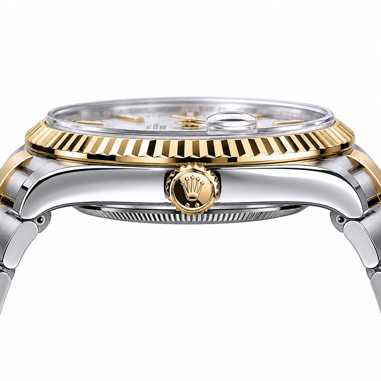 Rolex Datejust m126303-0009 41mm White Dial Fluted Bezel 904L Stainless Steel and 18K Yellow Gold AI 头图 2 - 侧面细节 [ai-shot:side-detail]