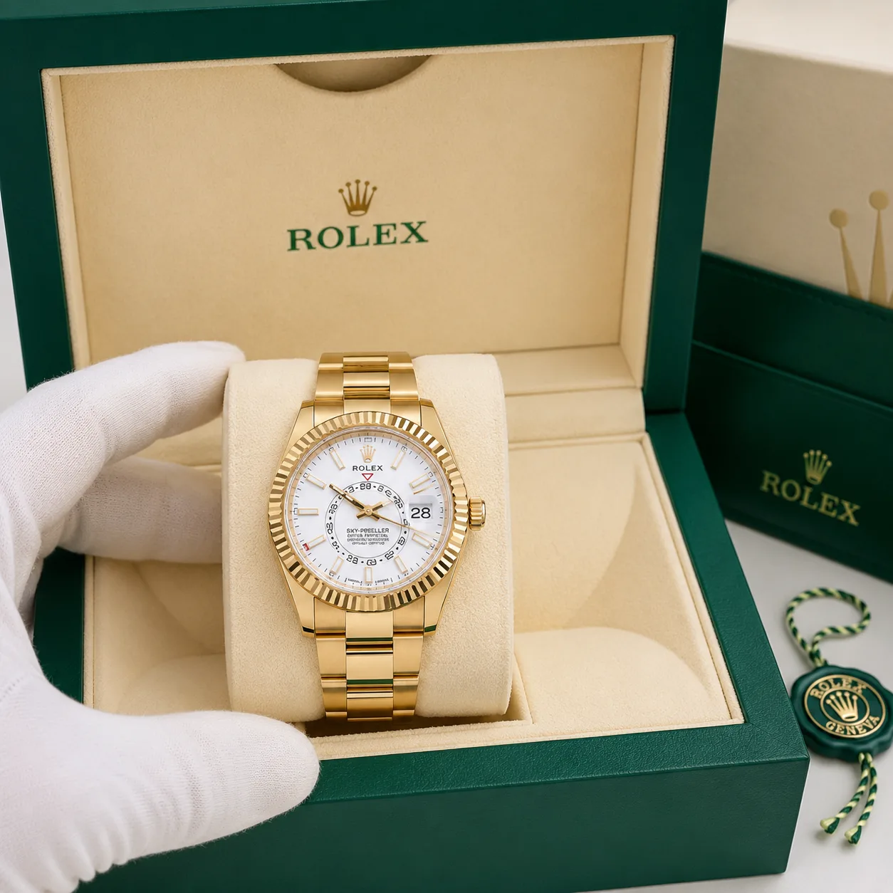 Rolex Sky-Dweller m336938-0003 42mm White Dial Fluted Bezel 18K Yellow Gold AI 头图 5 - 包装盒 [ai-shot:box-shot]