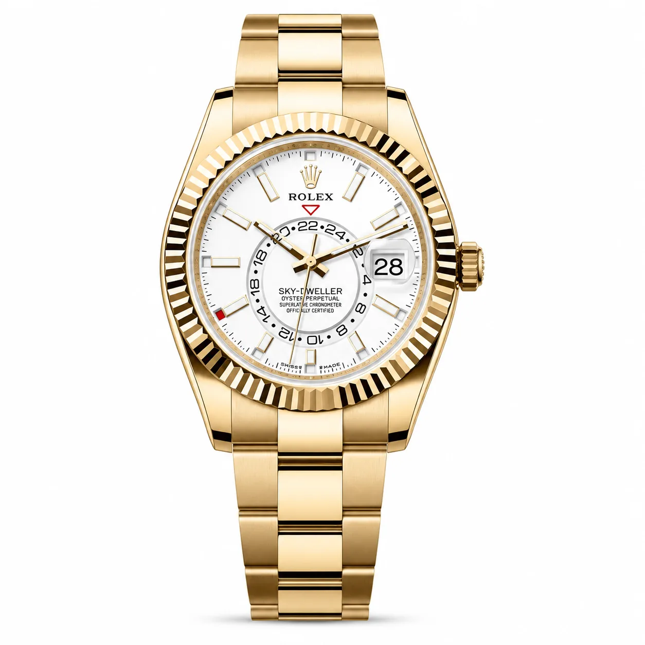 Rolex Sky-Dweller m336938-0003 42mm White Dial Fluted Bezel 18K Yellow Gold AI 头图 1 - 白底全貌 [ai-shot:full-white]