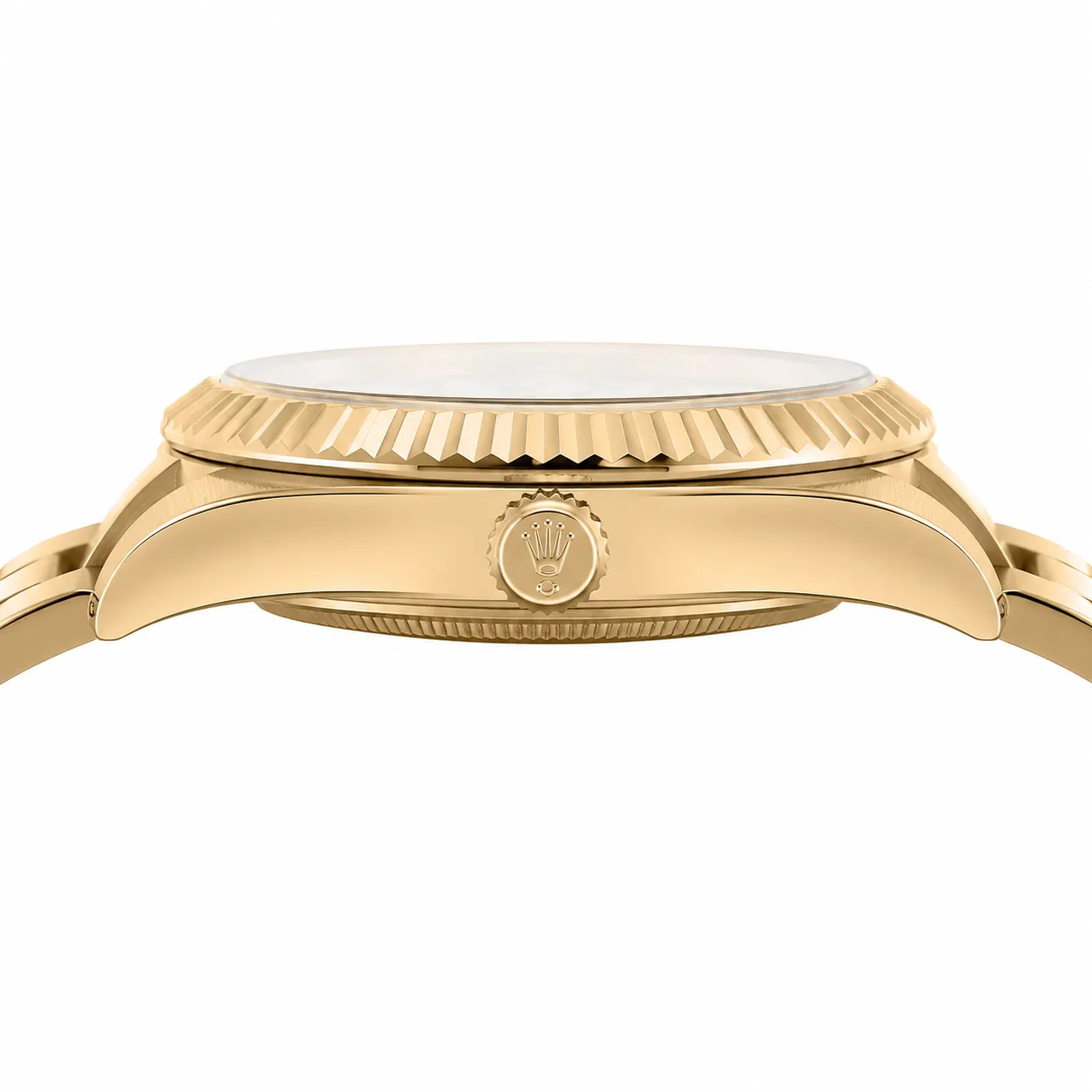 Rolex Sky-Dweller m336938-0003 42mm White Dial Fluted Bezel 18K Yellow Gold AI 头图 2 - 侧面细节 [ai-shot:side-detail]