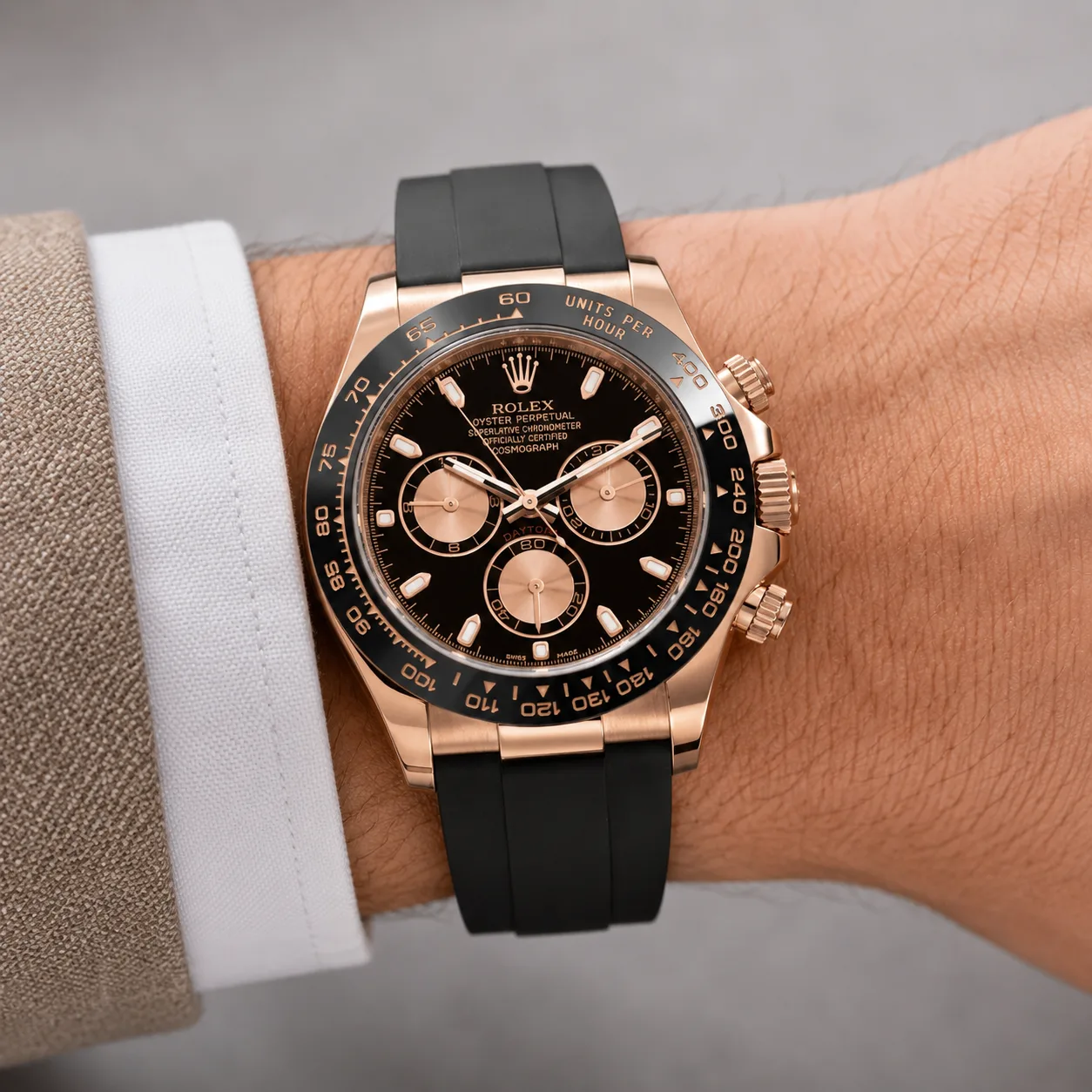 Rolex Cosmograph Daytona M116515LN-0012 40mm Cal.4130 18K Everose Gold AI 头图 4 - 佩戴图 [ai-shot:wrist-shot]