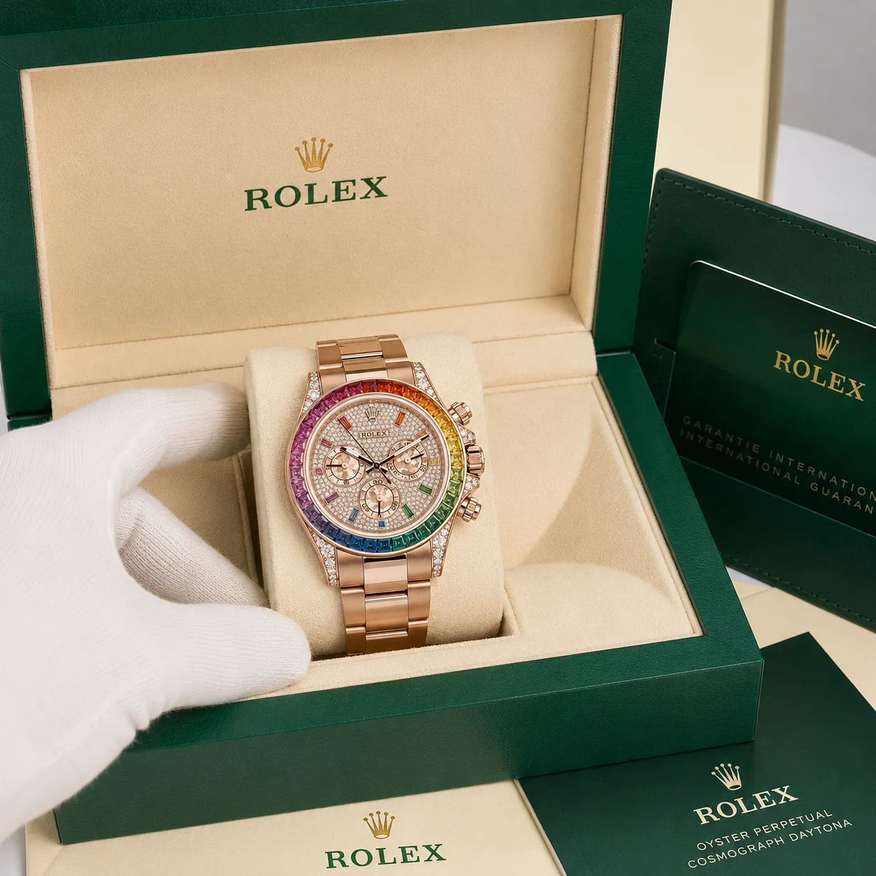Rolex Cosmograph Daytona 116595rbow-0004 40mm Rainbow Dial Rainbow Gem-Set Bezel 18K Everose Gold AI 头图 5 - 包装盒 [ai-shot:box-shot]