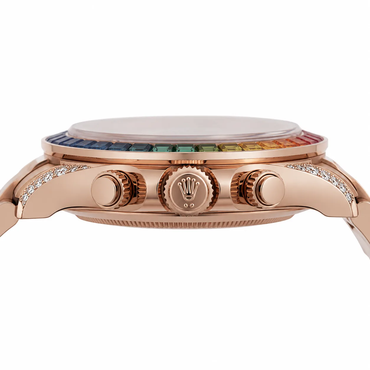 Rolex Cosmograph Daytona 116595rbow-0004 40mm Rainbow Dial Rainbow Gem-Set Bezel 18K Everose Gold AI 头图 2 - 侧面细节 [ai-shot:side-detail]