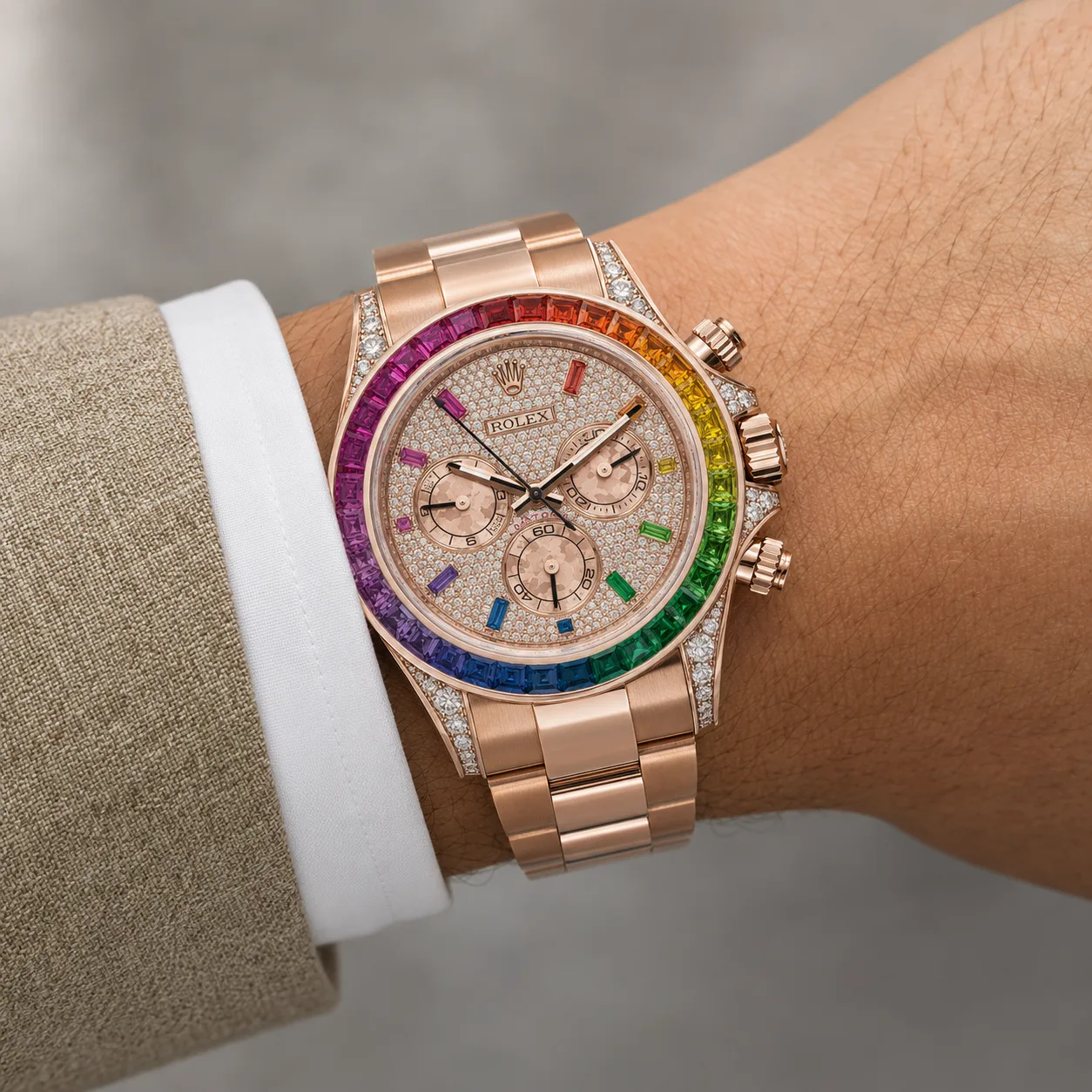 Rolex Cosmograph Daytona 116595rbow-0004 40mm Rainbow Dial Rainbow Gem-Set Bezel 18K Everose Gold AI 头图 4 - 佩戴图 [ai-shot:wrist-shot]