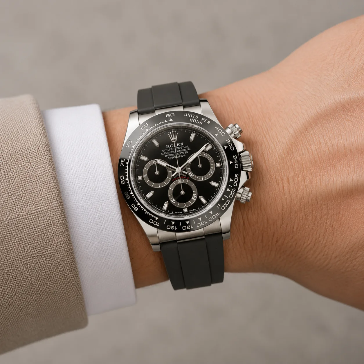 Rolex Explorer 116519ln-0024 40mm Black Dial 18K White Gold AI 头图 4 - 佩戴图 [ai-shot:wrist-shot]