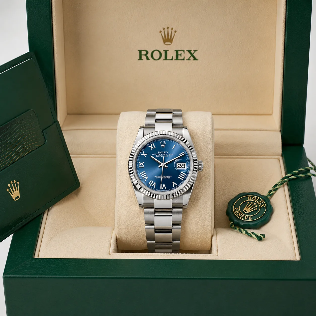 Rolex Datejust m126234-0070 36mm Blue Dial Fluted Bezel 904L Stainless Steel and 18K White Gold AI 头图 5 - 包装盒 [ai-shot:box-shot]