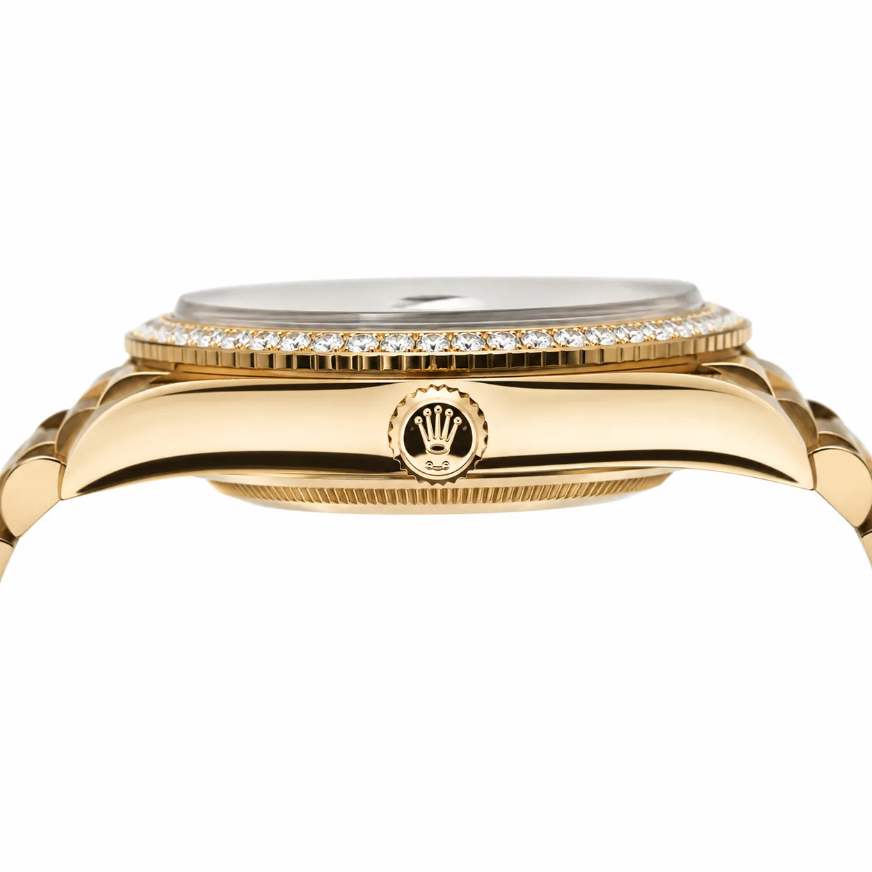 Rolex Day-Date m228348rbr-0045 40mm Calibre 3255 Smoked Green / Diamond-Set Bezel 18K Yellow Gold AI 头图 2 - 侧面细节 [ai-shot:side-detail]