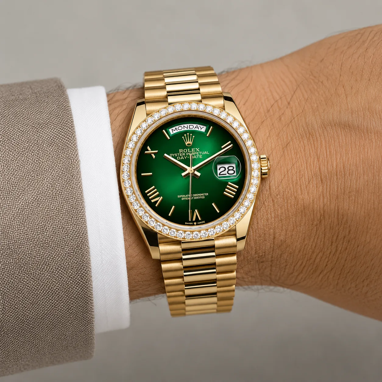 Rolex Day-Date m228348rbr-0045 40mm Calibre 3255 Smoked Green / Diamond-Set Bezel 18K Yellow Gold AI 头图 4 - 佩戴图 [ai-shot:wrist-shot]