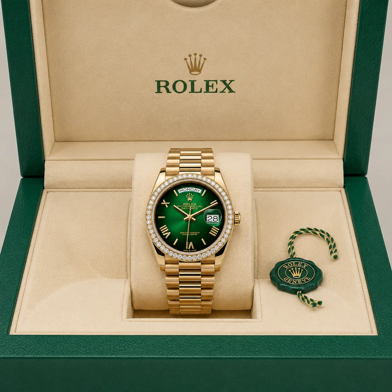 Rolex Day-Date m228348rbr-0045 40mm Calibre 3255 Smoked Green / Diamond-Set Bezel 18K Yellow Gold AI 头图 5 - 包装盒 [ai-shot:box-shot]