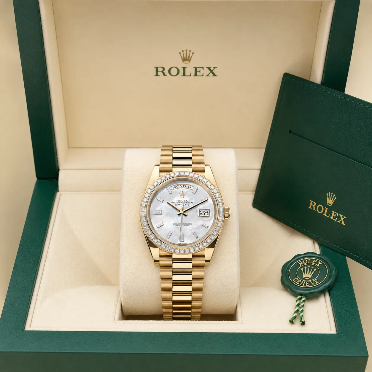 Rolex Day-Date m228398tbr-0043 40mm White Dial Diamond-Set Bezel 18K Yellow Gold AI 头图 5 - 包装盒 [ai-shot:box-shot]