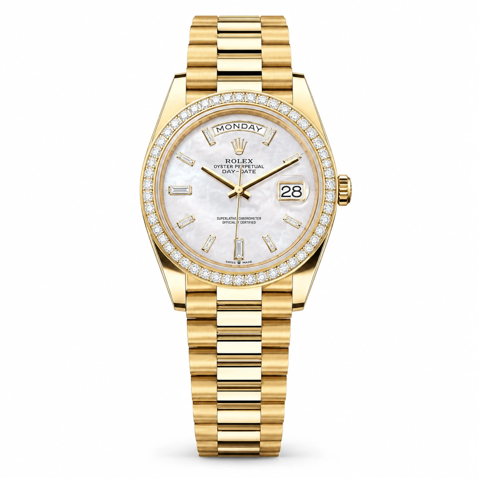 Rolex Day-Date m228398tbr-0043 40mm White Dial Diamond-Set Bezel 18K Yellow Gold AI 头图 1 - 白底全貌 [ai-shot:full-white]
