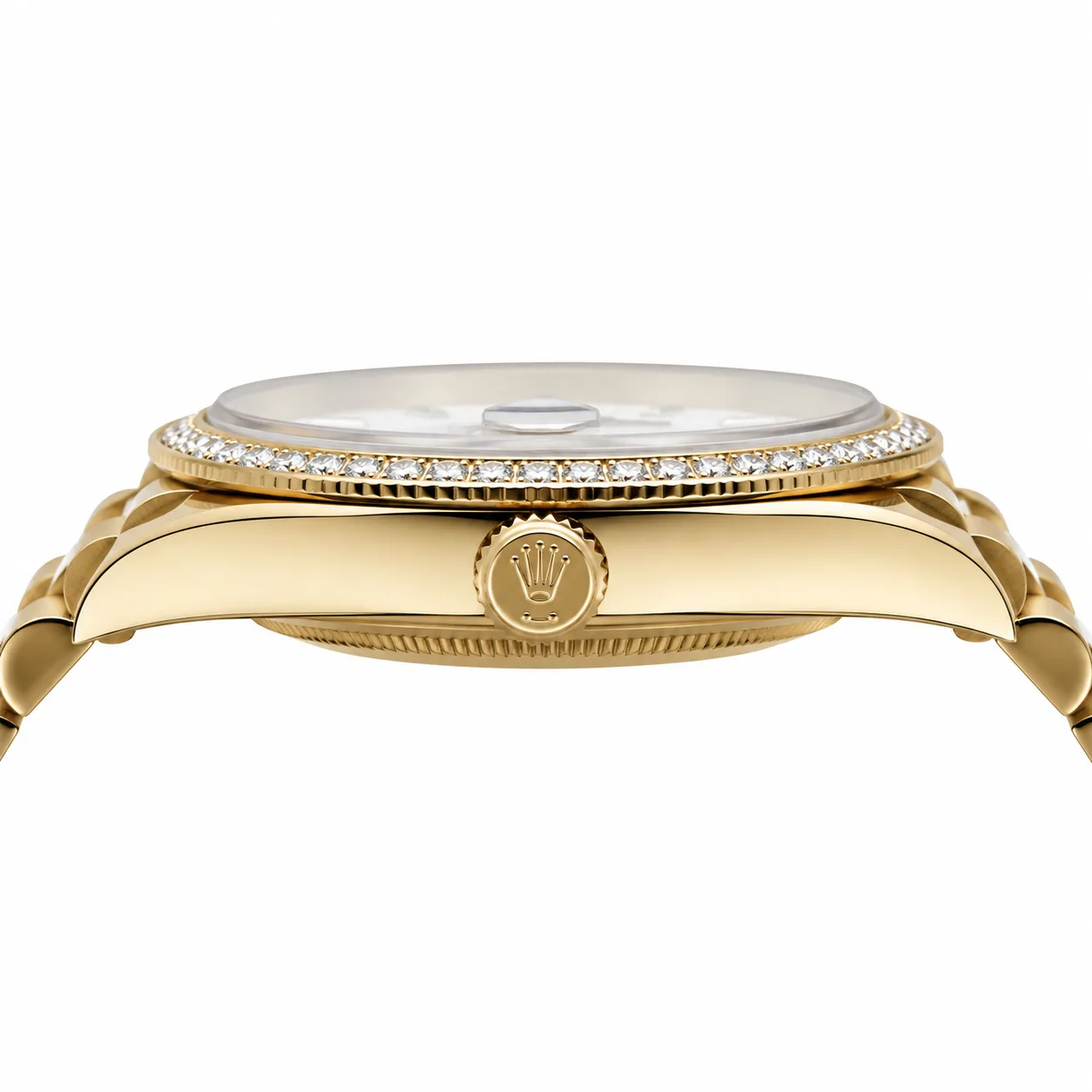 Rolex Day-Date m228398tbr-0043 40mm White Dial Diamond-Set Bezel 18K Yellow Gold AI 头图 2 - 侧面细节 [ai-shot:side-detail]