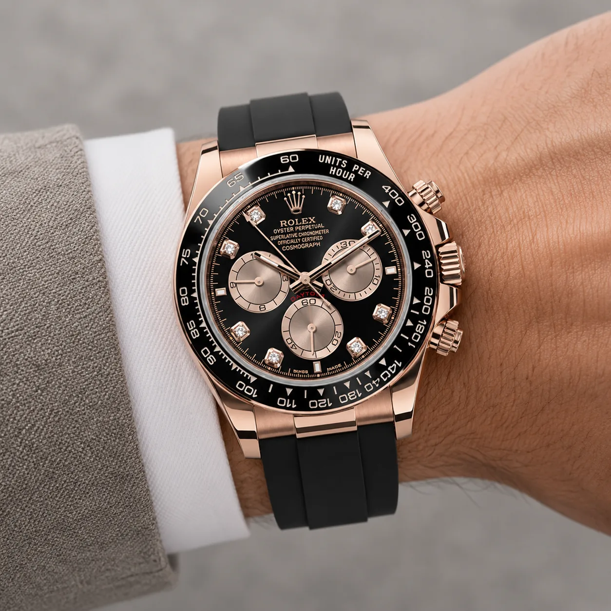 Rolex Cosmograph Daytona m126515ln-0004 40mm Cal.4131 Black / Black Cerachrom Bezel 18K Everose Gold AI 头图 4 - 佩戴图 [ai-shot:wrist-shot]